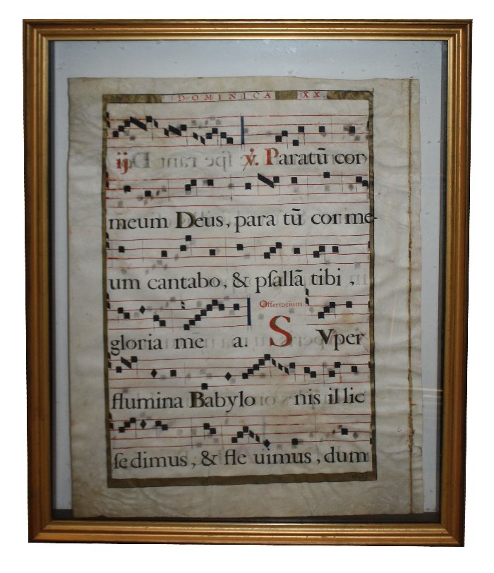 Antique double sided antiphonal leaf: 34 1/4"h x 25 3/4"w framed