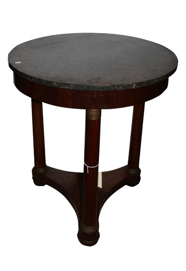 French Empire gueridon table with marble top: mahogany with bronze mounts. 19th century. 28 3/4"h x 25 1/2"dia.