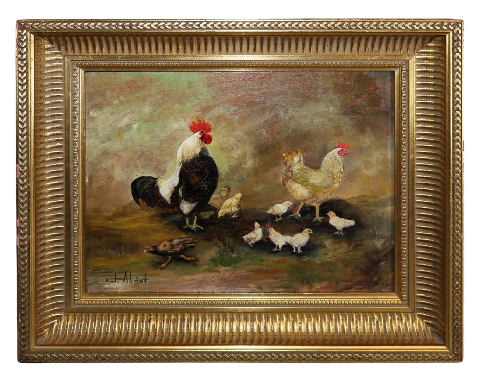 European oil on board painting depicting rooster and chicks (1 of 7)