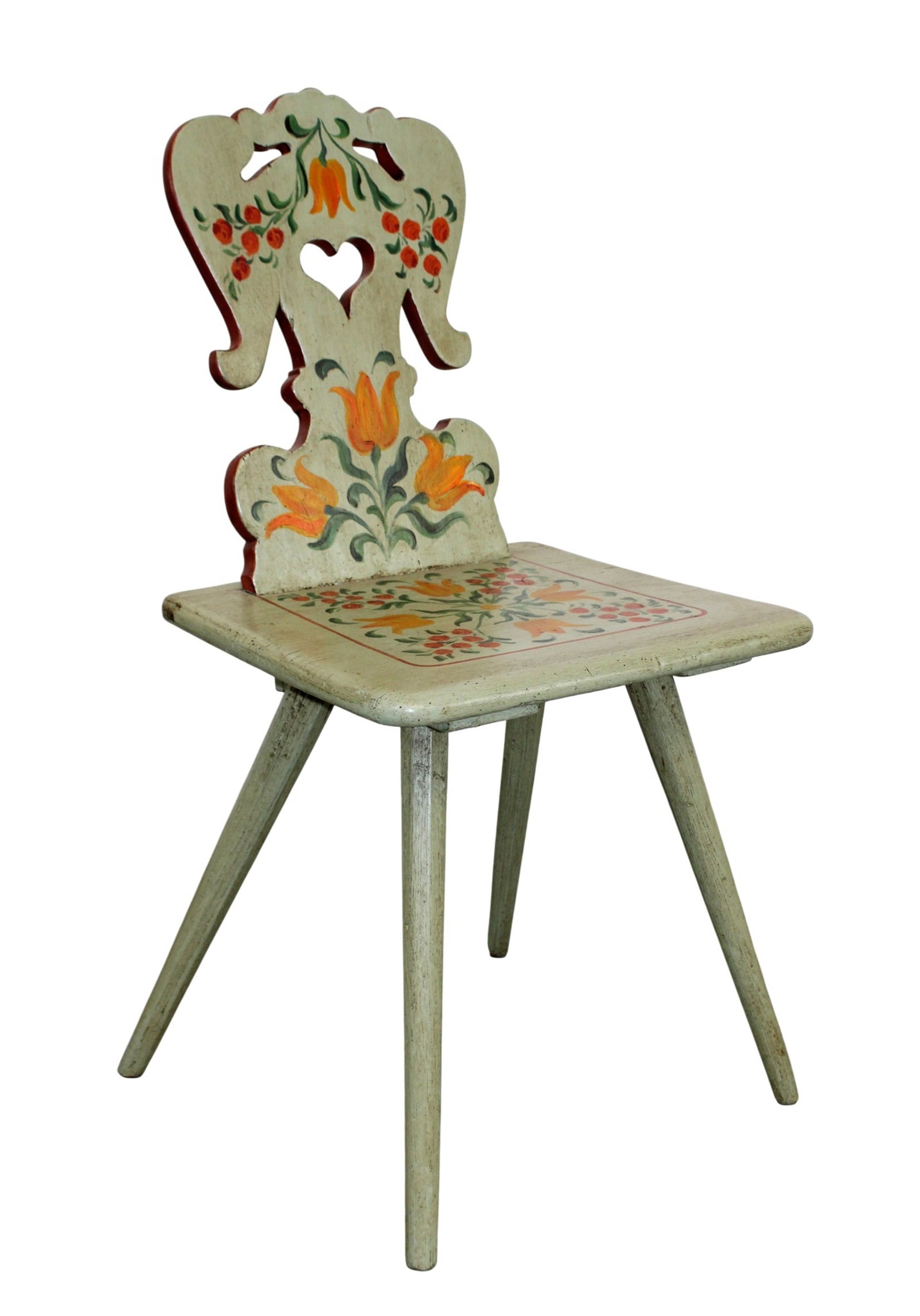 French Alsatian shaped back painted chair: French Alsatian shaped back painted chair. Circa 1900. 32 1/4"h x 16 1/4"w x 14"d, seat height 17 1/4"