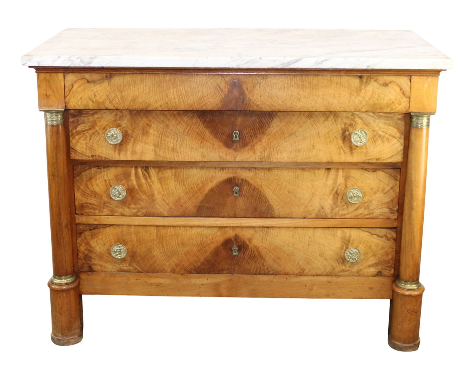 French Empire commode in walnut with columns and marble top: French Empire commode in walnut with columns and marble top. 19th century, 36 1/4"h x 48 1/8"w x 24 1/8"d