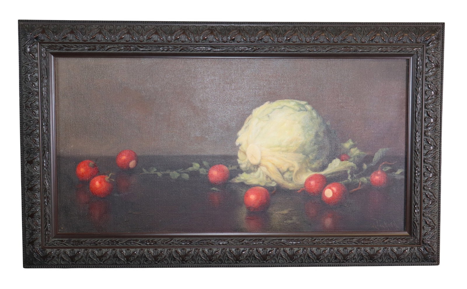 Al Jackson (1940-2001) Oil on canvas painting still life with cabbage and radish: Oil on canvas painting still life with cabbage and radish. Signed lower right Al Jackson (1940-2001). 16 1/2"h x 28 1/2"w Sight: 11 1/2"h x 23"w. Weight: 5lbs