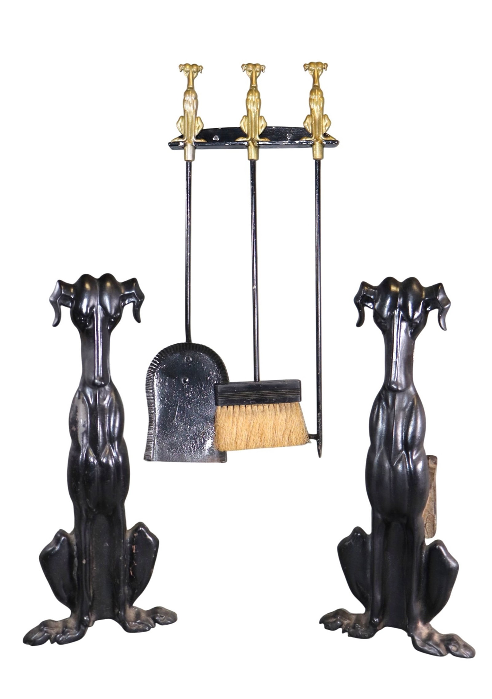 Pair of cast iron seated dog form andirons with tool set (1 of 11)