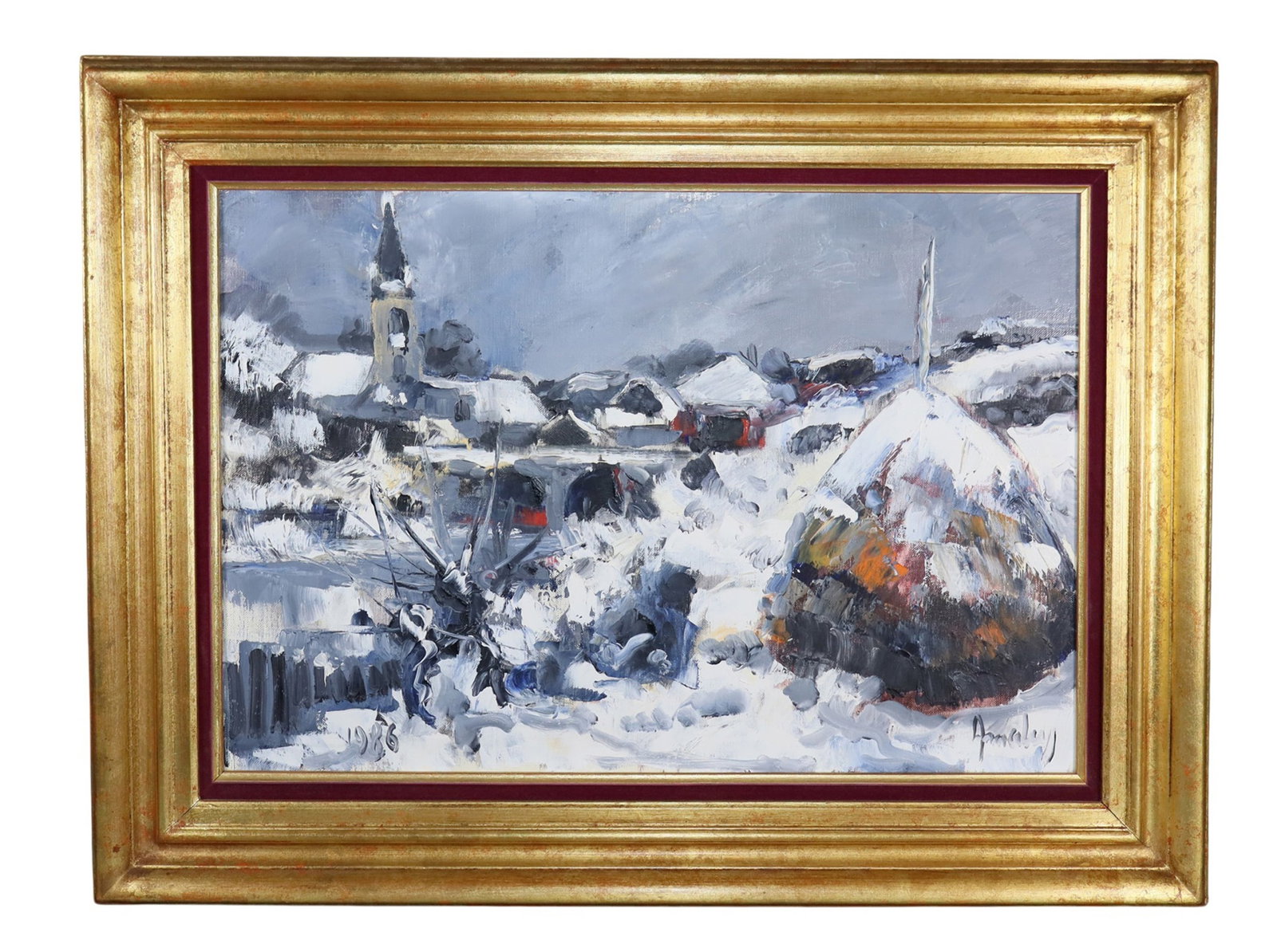 French oil on canvas painting winter landscape with snow covered roofs (1 of 8)