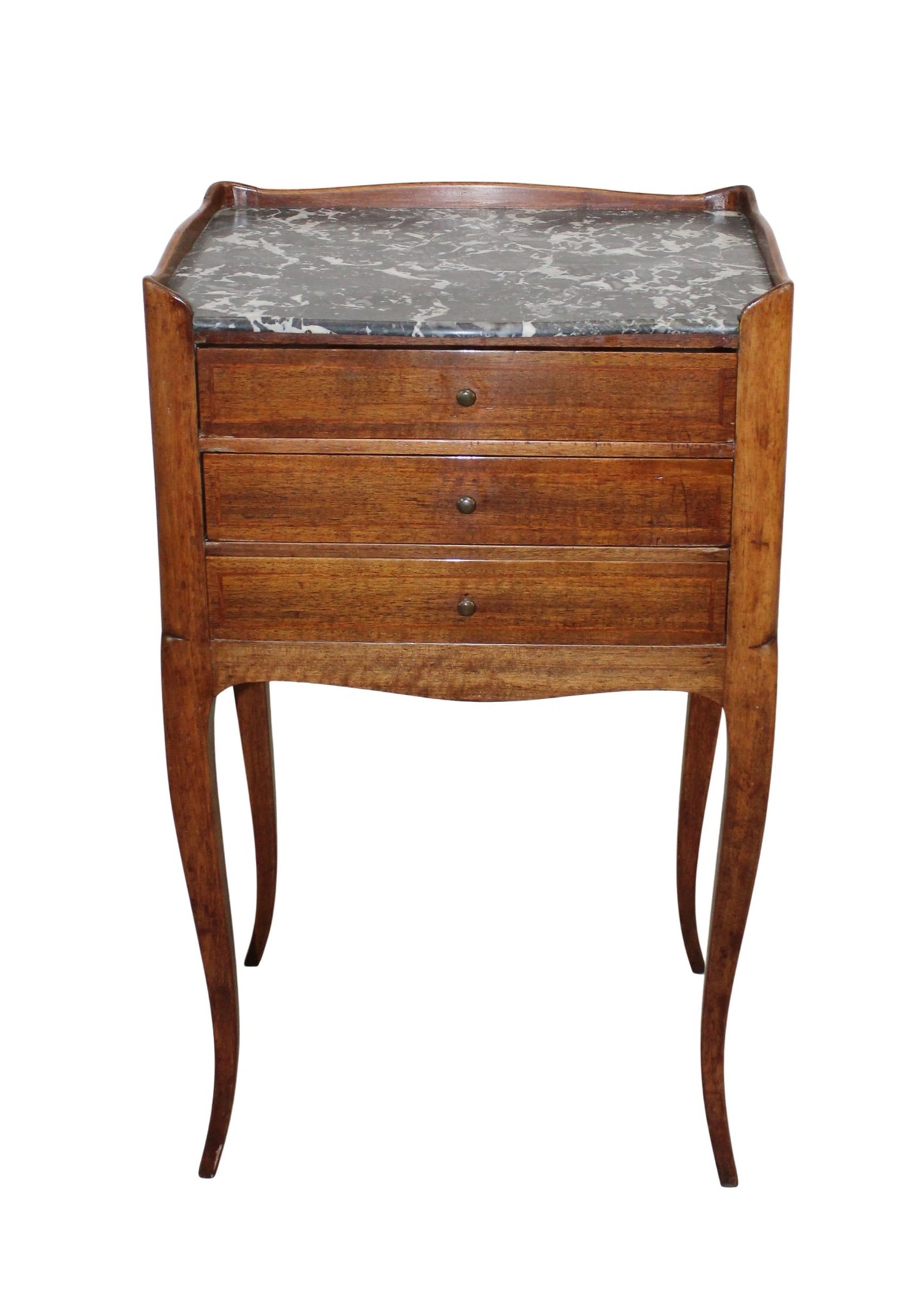 French 3 drawer chevet in walnut with marble top: French 3 drawer chevet in walnut with marble top. Late 19th century. 27 1/2"h x 16 1/2"w x 12 1/2"d