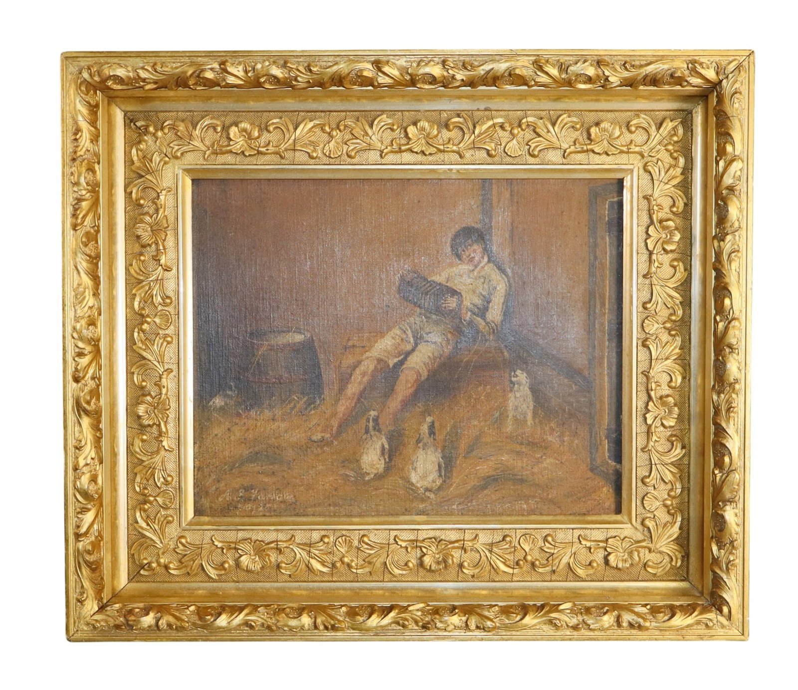 English oil on board painting boy in a barn: English oil on board painting boy in a barn. In gold leaf frame. Signed l/r. 15"h x 17 1/4"w Sight: 9"h x 11 1/2"W. Weight: 4lbs