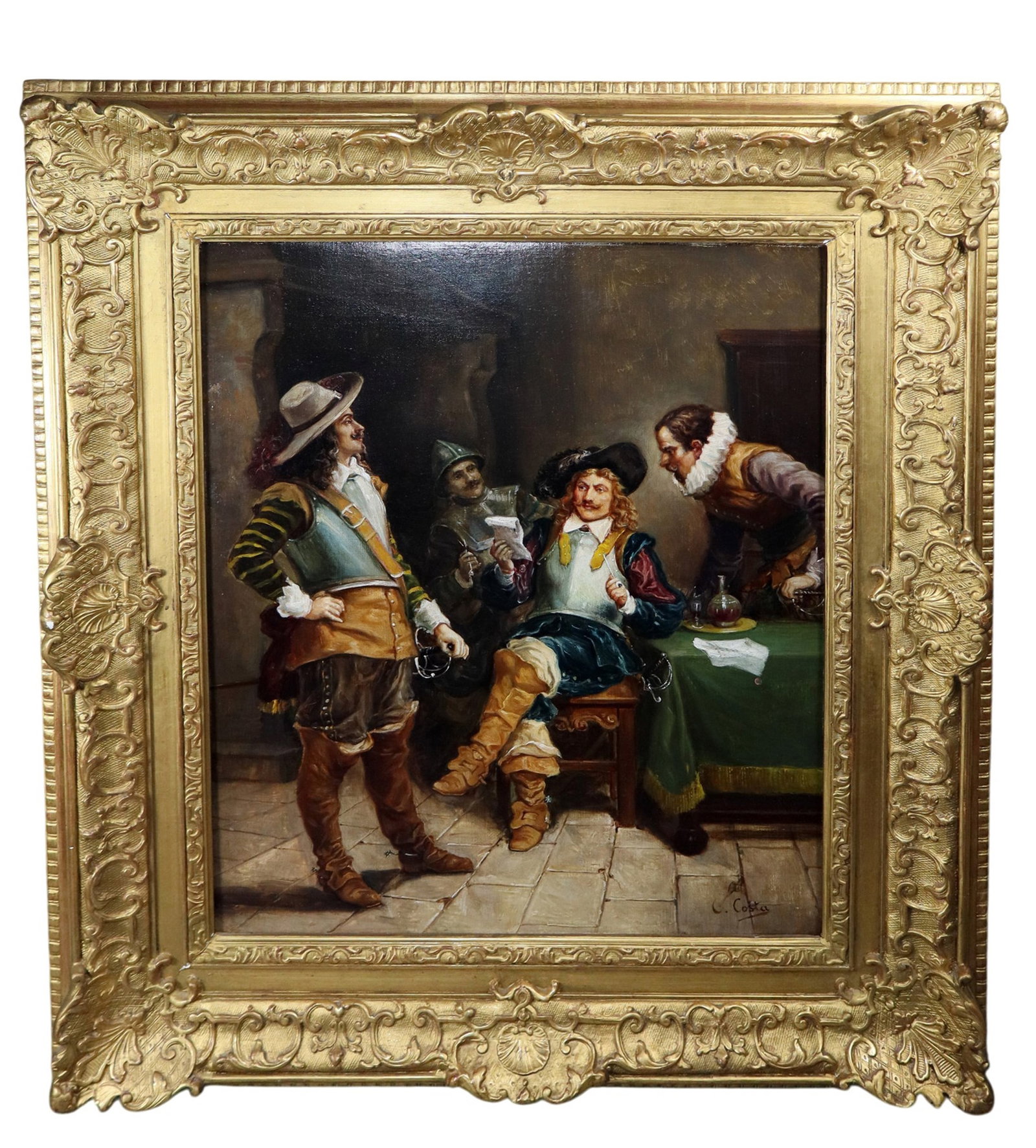 Oil on canvas painting "Four Jovial Cavaliers" after the original by Jacomin: Oil on canvas painting "Four Jovial Cavaliers" after the original by Alfred Louis Vigny Jacomin This version signed l/r C. Costa. 19th century. 34"h x 29 5/8"w Sight: 23 1/2"h x 19 1/4"w. Weight: 20 l