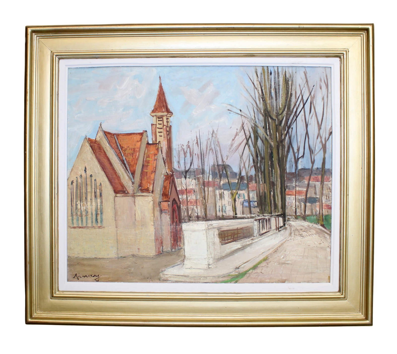 Église de St. Maurice (Seine) French oil on canvas painting of church: French oil on canvas painting of church (Église de St Maurice Seine' Signed lower left Dated 1952. 27"h x 30 5/8"w Sight: 19 1;4"h x 23 1/2"w