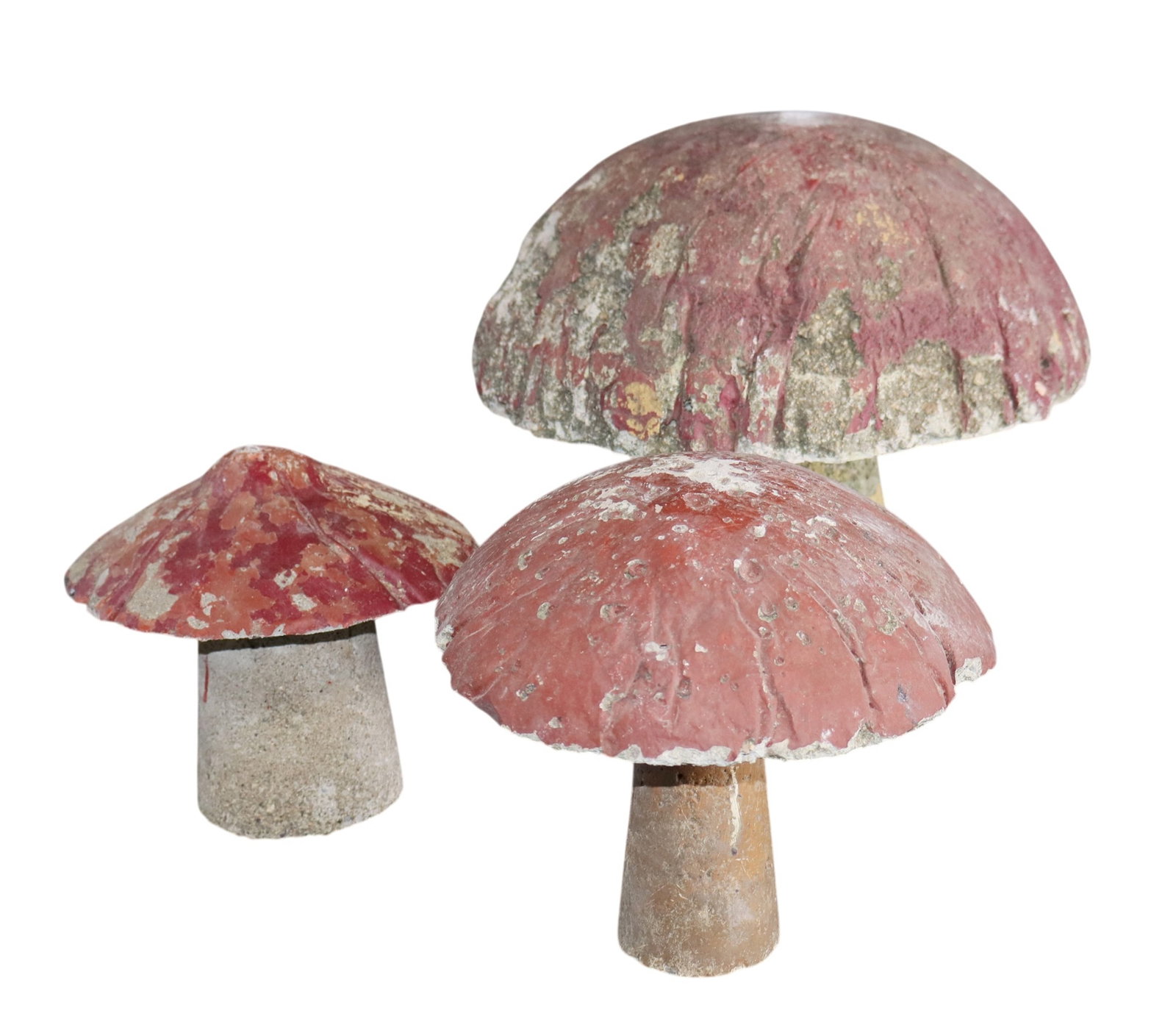 Lot of 3 vintage concrete garden mushrooms: Lot of 3 vintage concrete garden mushrooms. 10 3/4"h x 10 7/8"dia - 6 1/4"h x 6"dia. Weight: 32 lbs. total