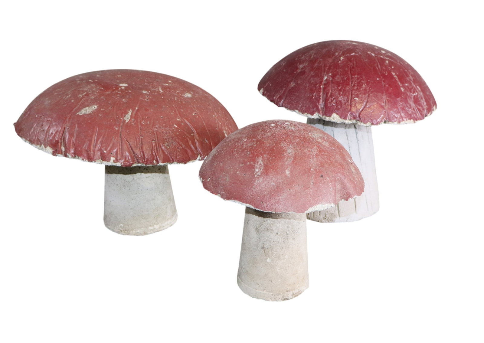 Lot of 3 French cast concrete garden mushrooms: Lot of 3 French cast concrete garden mushrooms. 10 1/4"h x 11 1/2"dia - 8"h x 7"dia. Weight: 46lbs total