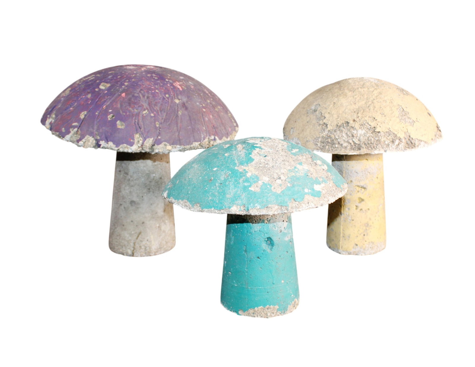 Lot of 3 vintage concrete garden mushrooms: Lot of 3 vintage concrete garden mushrooms. 10"h x 9 1/"dia - 7 1/4"h x 7 1/2"dia. Weight: 27lbs total