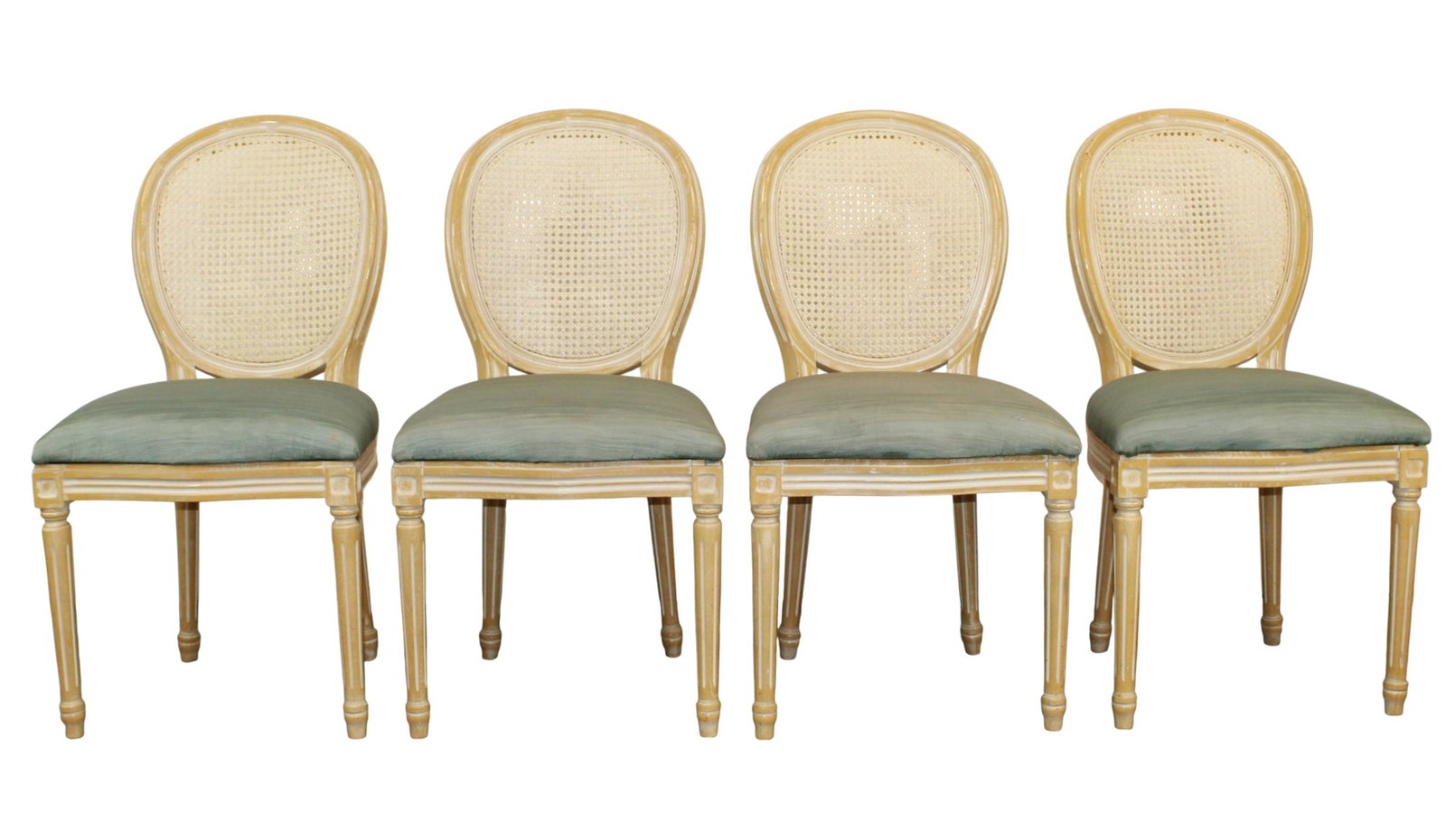Set of 4 French Louis XVI style caned balloon back chairs: Set of French Louis XVI style caned balloon back chairs. Mid 20th century. 36 1/2"h x 19"w x 17"d, seat height 18 1/2"