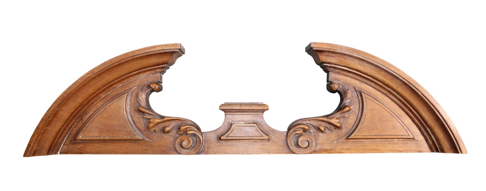 French carved walnut open pediment: French carved walnut open pediment. Early 20th century. 8 1/4"h x 32 3/4"w x 2 3/4"d. Weight: 5lbs