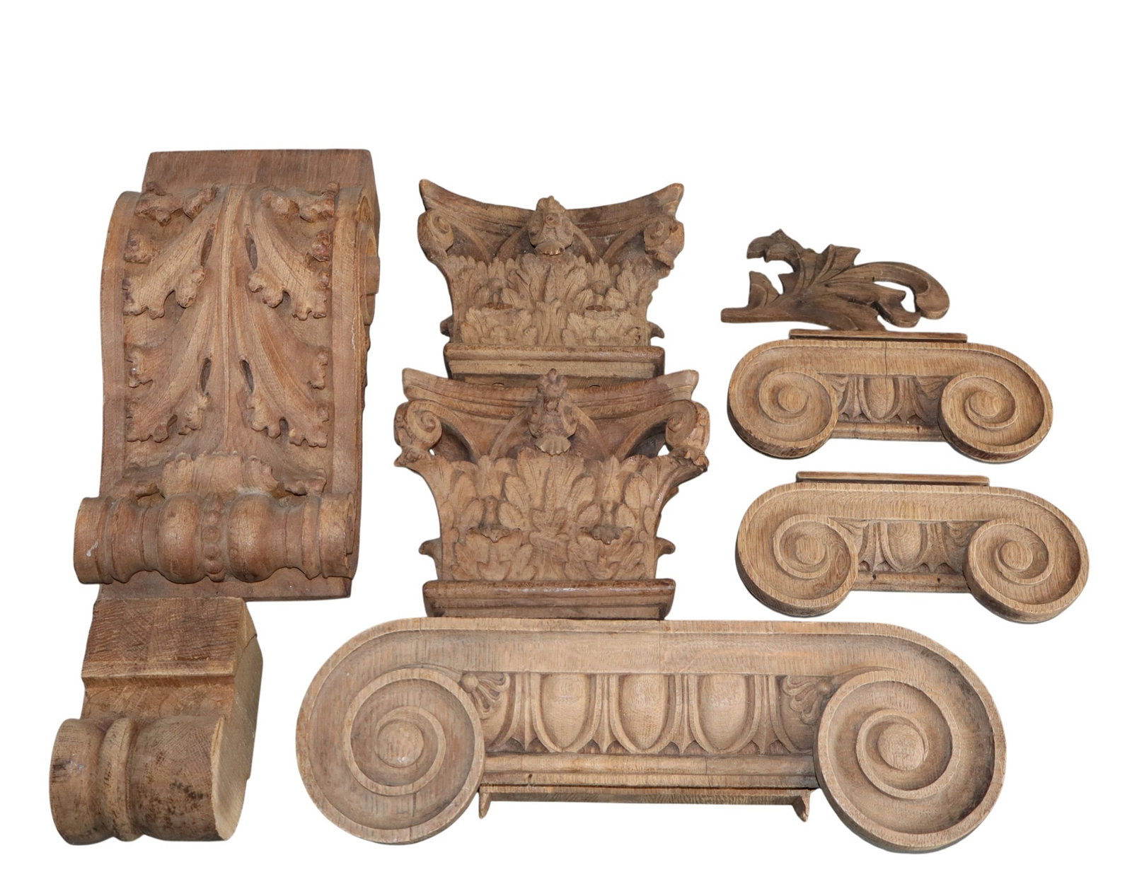 Lot of French relief carved bleach oak fragments: Lot of French relief carved bleach oak fragments. Early 20th century. 13 3/4"h x 7"w x 5"d - 4 1/4"h x 8 7/8"w x 2 1/4"d. Weight: 20lbs total