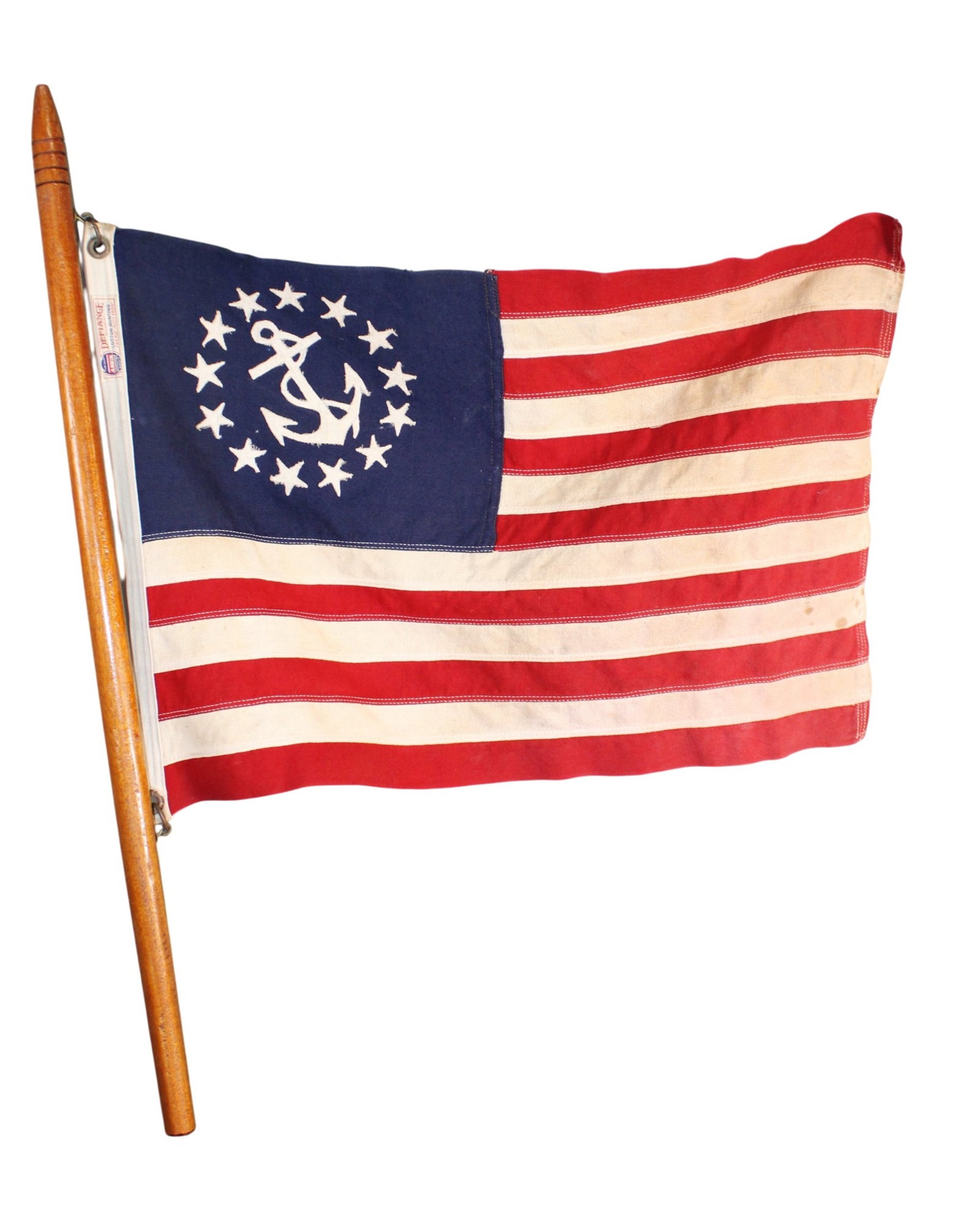 Vintage 1935-1955 ship enseign flag on mahogany pole: Vintage 1935-1955 ship enseign flag on mahogany pole. 29 1/4"h x 22 1/4"w. Weight: less than 1lb