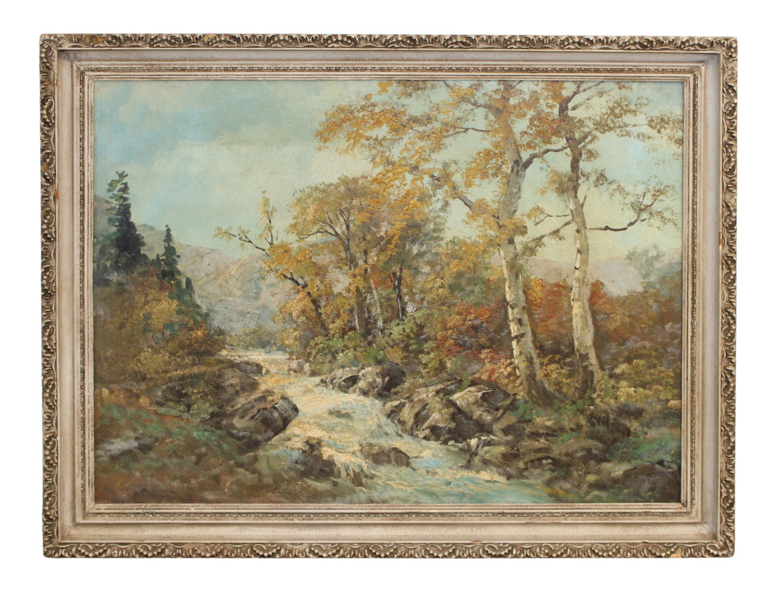 Oil on canvas painting fall landscape with river signed Marina: Oil on canvas painting fall landscape with river. Signed and titled on back "Wild Nature" artist Marina. Mid 20th century. 30"h x 40"w Framed 35 1/2"h x 45 3/4"w