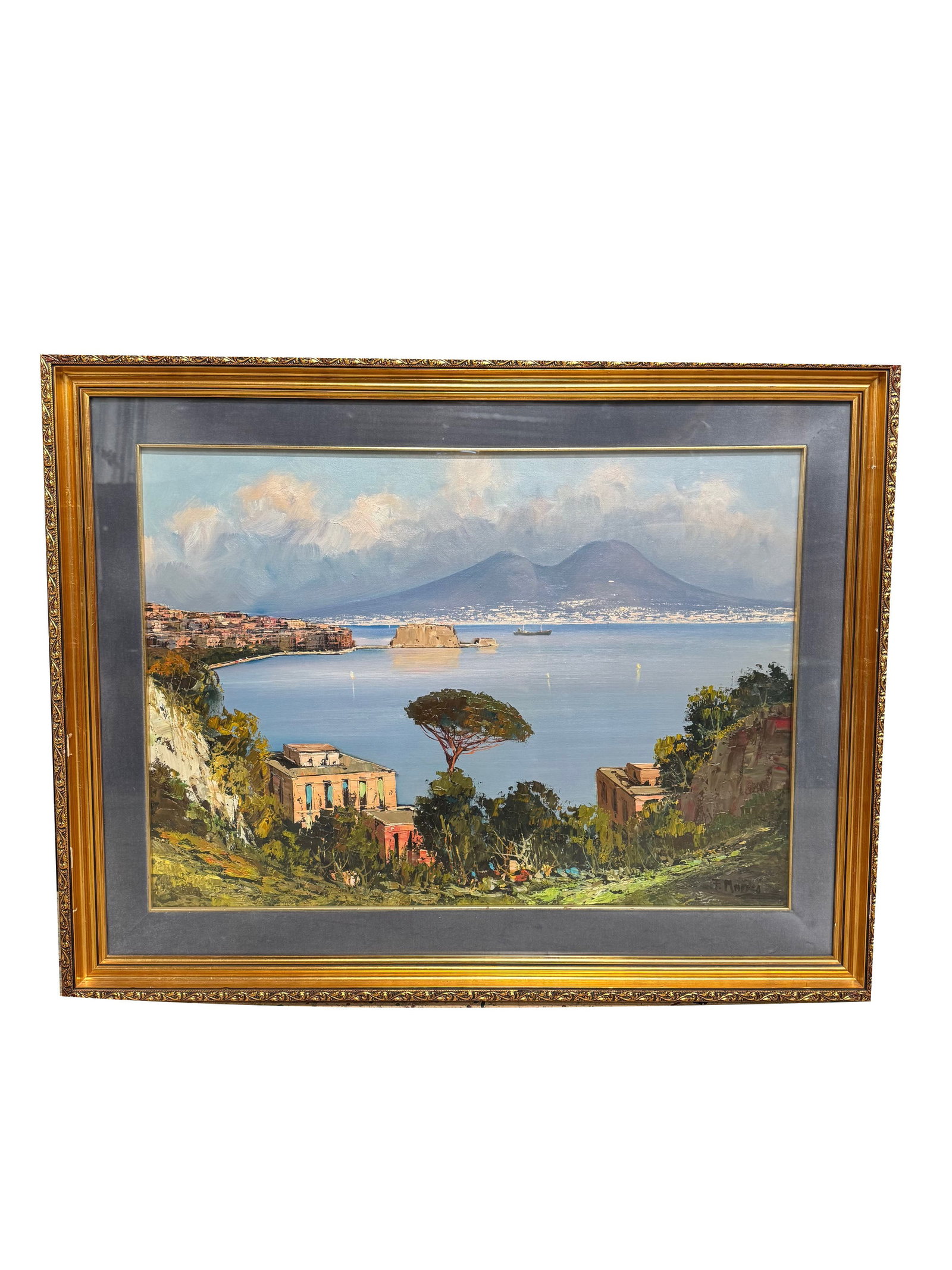 Italian oil on canvas painting Bay of Naples: Italian oil on canvas painting Bay of Naples. Signed l/r F. Maffei. 19 3/4"h x 27 1/2"w Framed under glass 26 1/2"h x 33 5/8"w