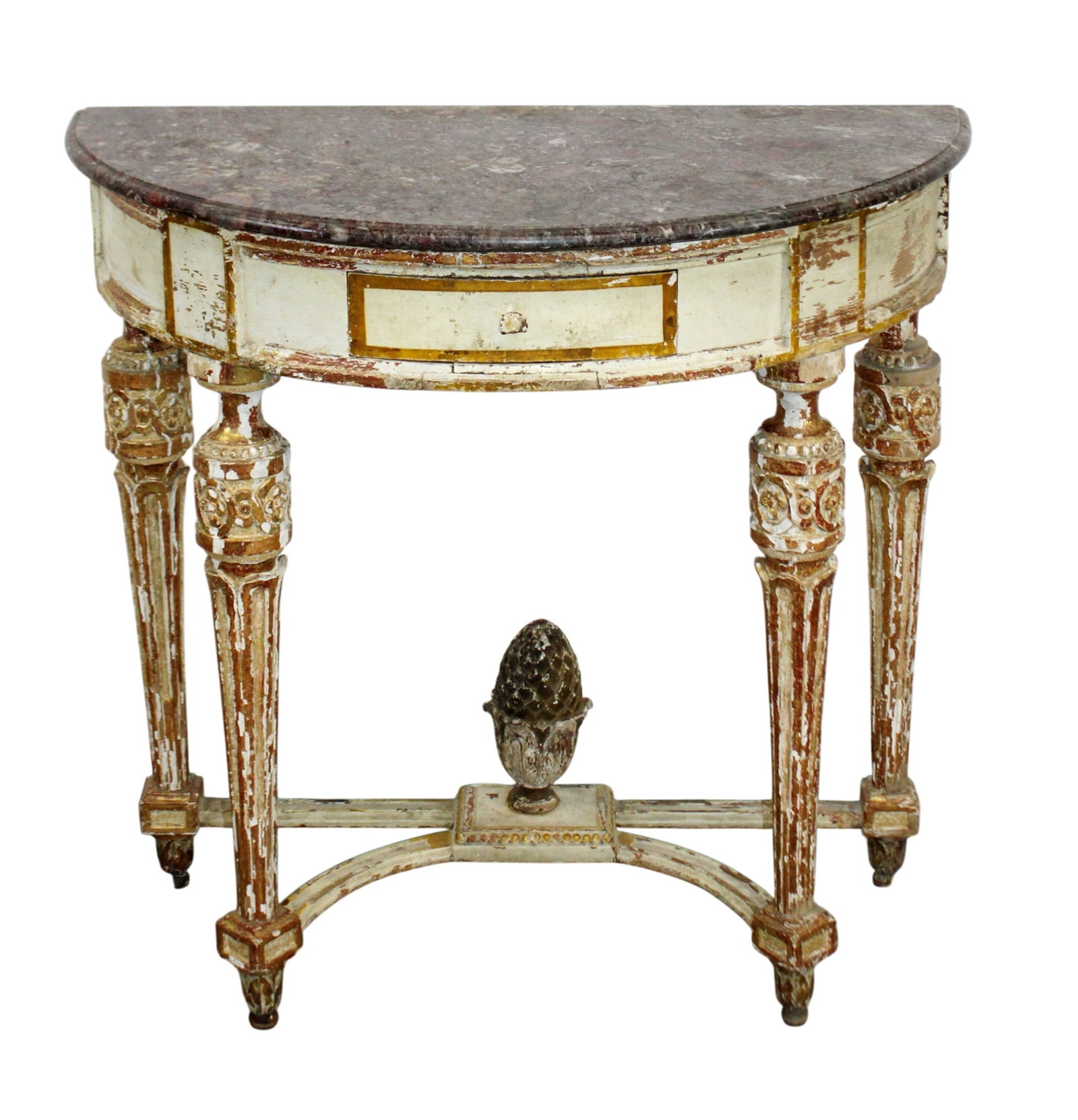 French Louis XVI style demi lune console table with marble top.: French Louis XVI style demi lune console table with marble top. 19th century. 31 1/2"h x 33 1/8"w x 16 3/4"d