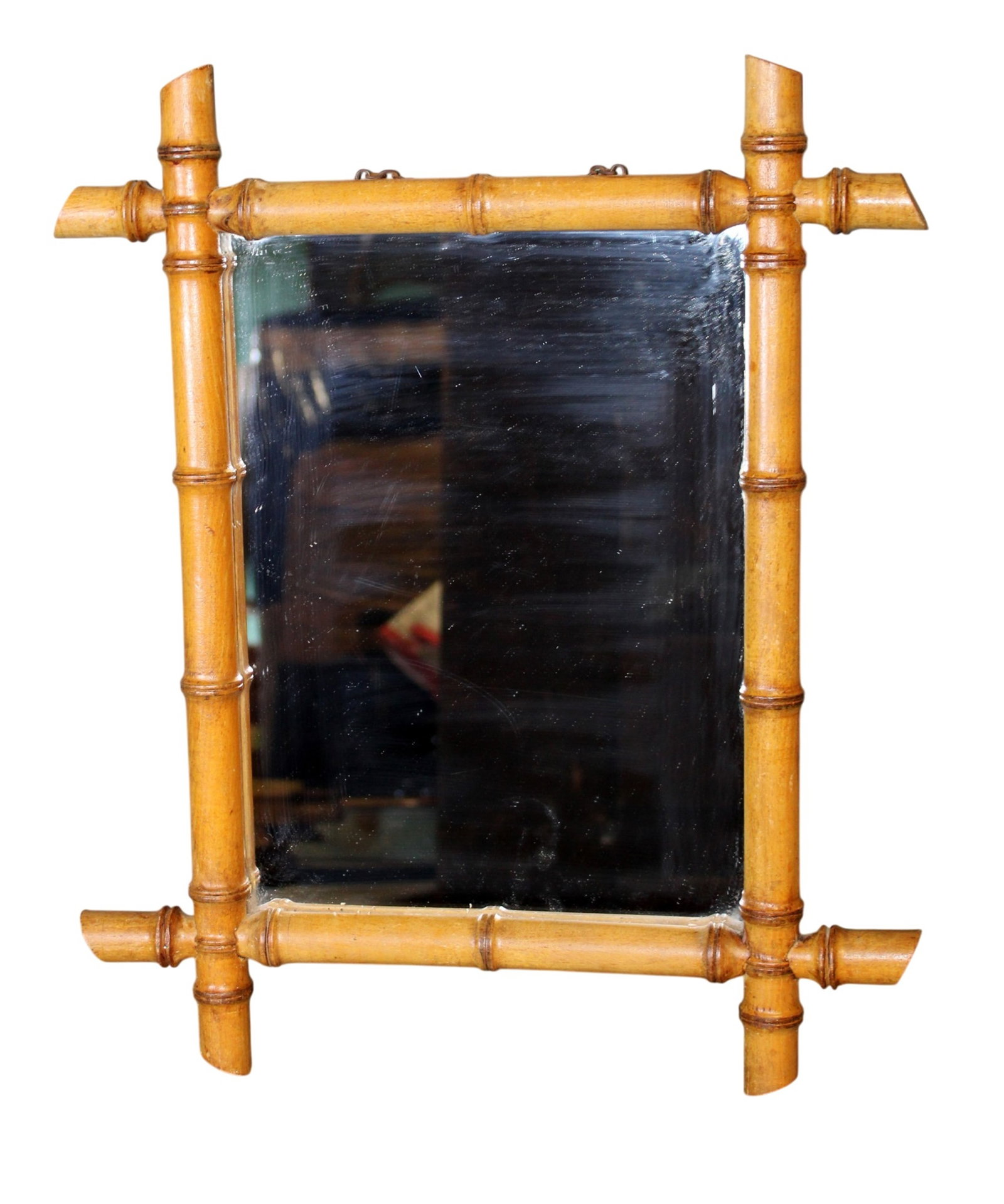 French faux bamboo mirror: French faux bamboo mirror. Mid 20th century. 20 1/4"h x 17"w. Weight: 5lbs