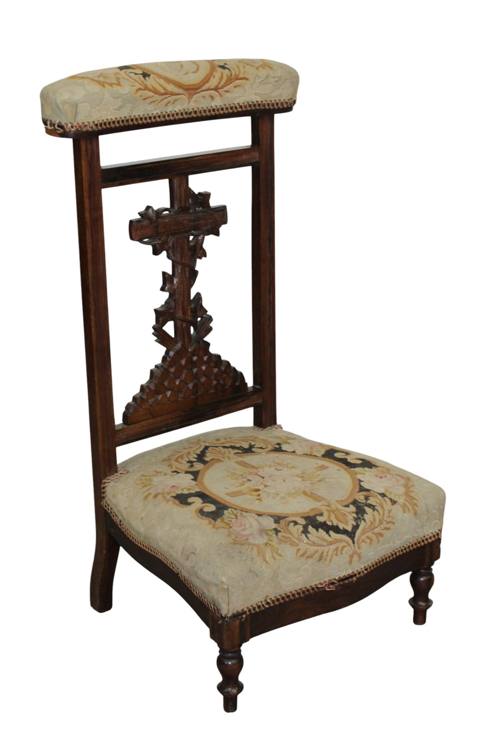 French prie dieu prayer bench in carved rosewood with needlepoint (1 of 8)