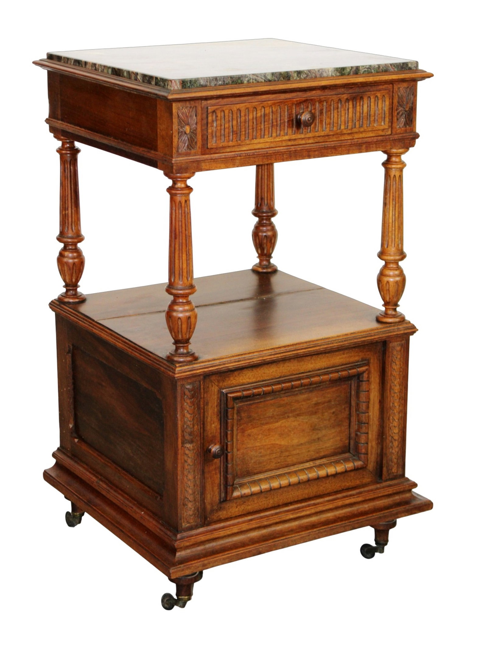 French Napoleon III 2 tier marble top chevet in walnut: French Napoleon III 2 tier marble top chevet in walnut. With single door and drawer. Late 19th century. 34"h x 19 1/4"w x 18 1/2"d