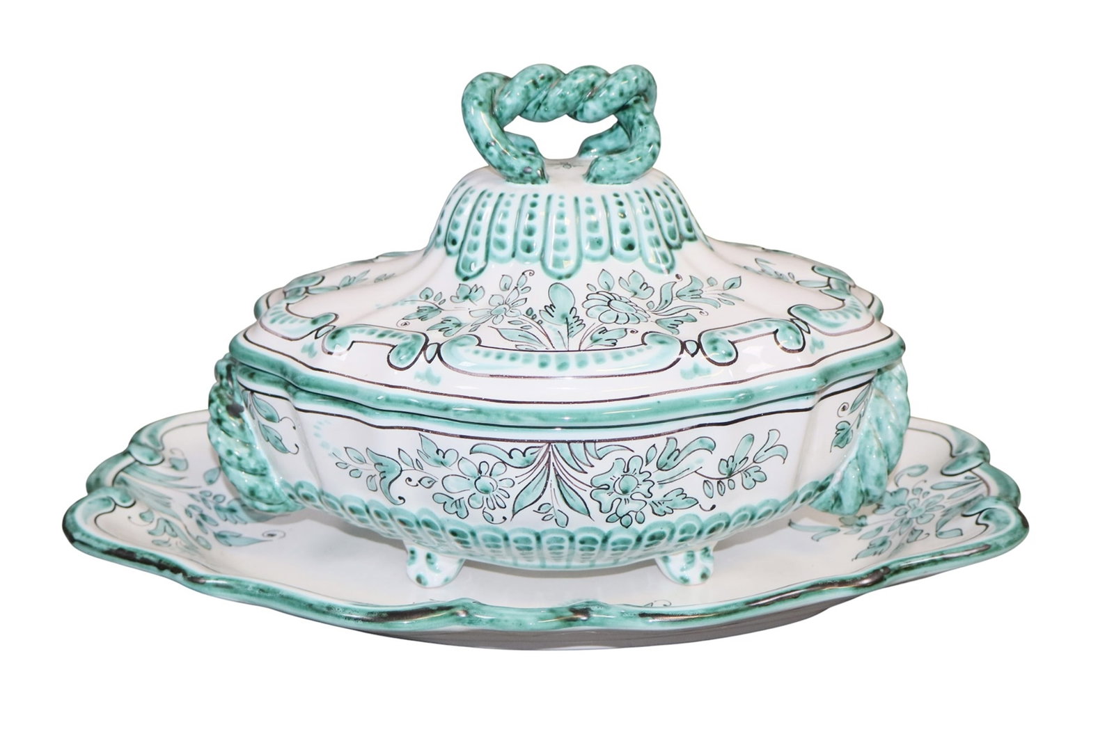 French A Montagnon lidded tureen and platter: French A Montagnon lidded tureen and platter. Platter measures 15 3/4"w x 11 1/4"d, tureen measures 9"h x 12 1/2"w x 10"d Weight: 8lbs