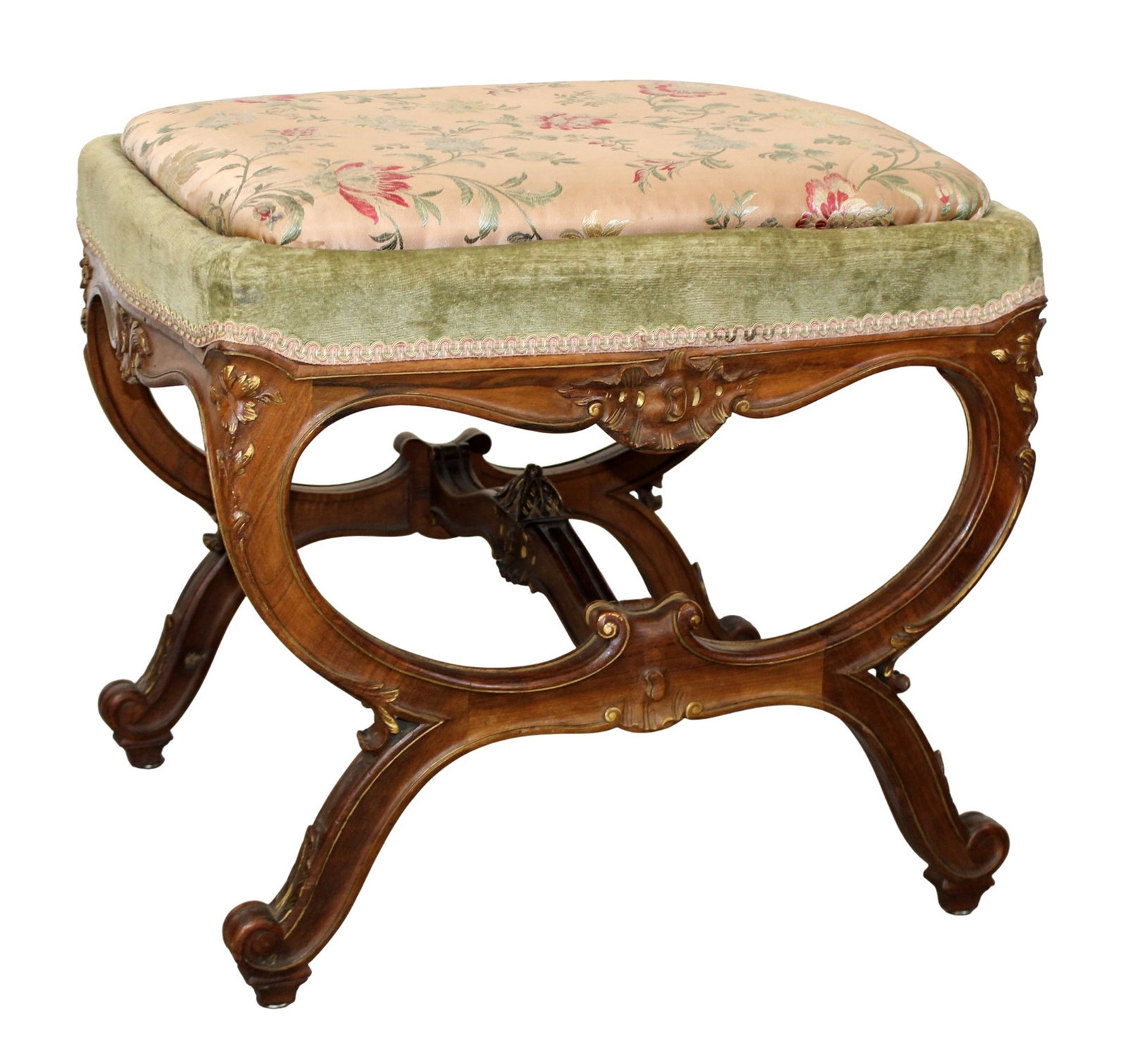French Louis XV style carved walnut curule footstool (1 of 7)