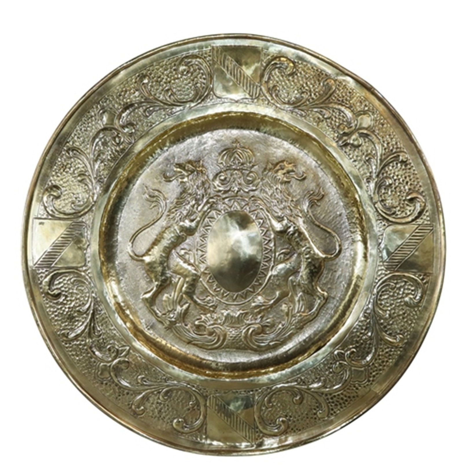French embossed brass plaque with double lion crest: French embossed round brass plaque with double lion crest. Early 20th century. 23 1/4 dia. Weight: 3lbs