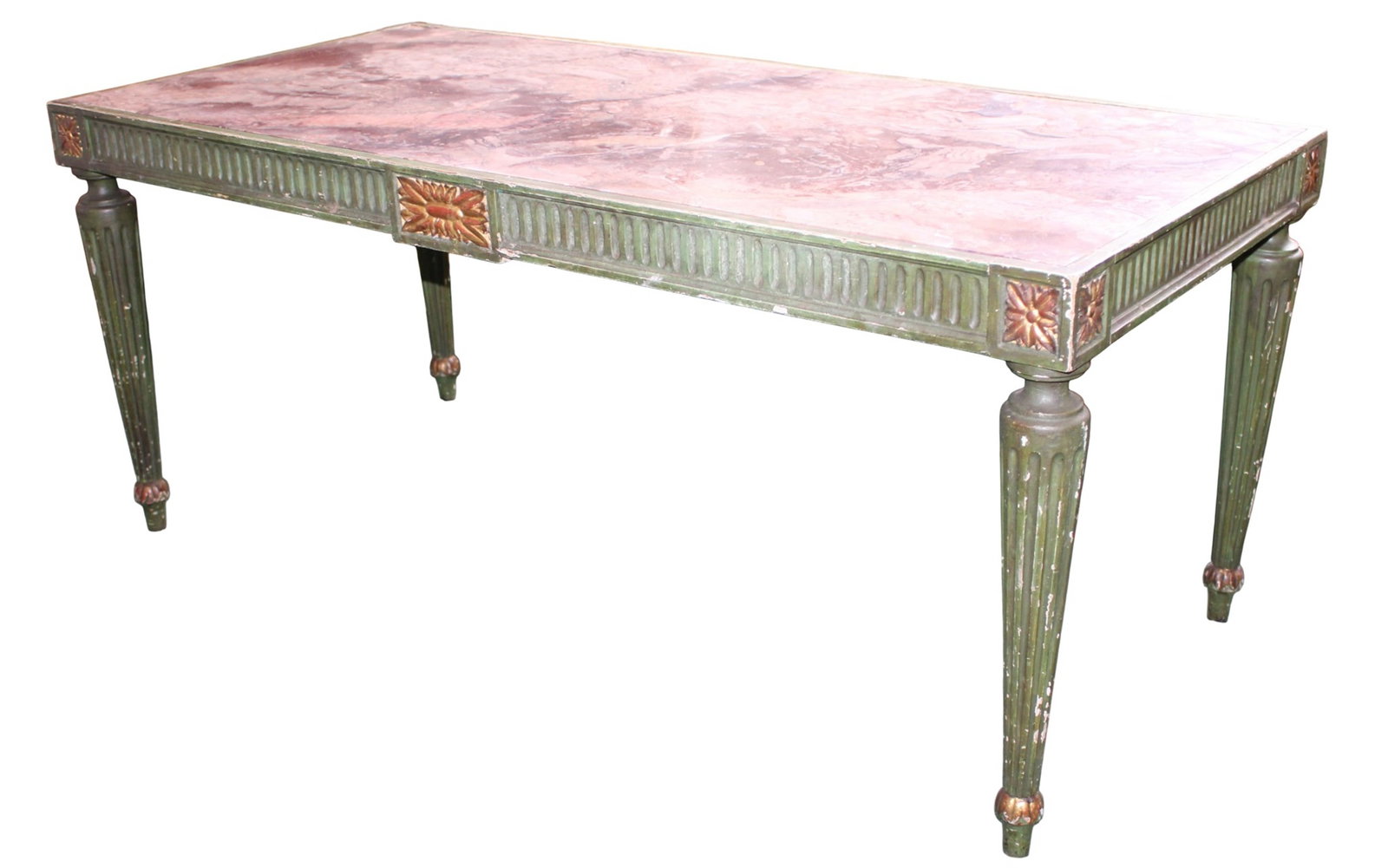 French Louis XVI style coffee table with marble top: French Louis XVI style coffee table with marble top. Painted finish on fluted tapered legs. Mid 20th century. 21"h x 49"l x 22 2/3"w