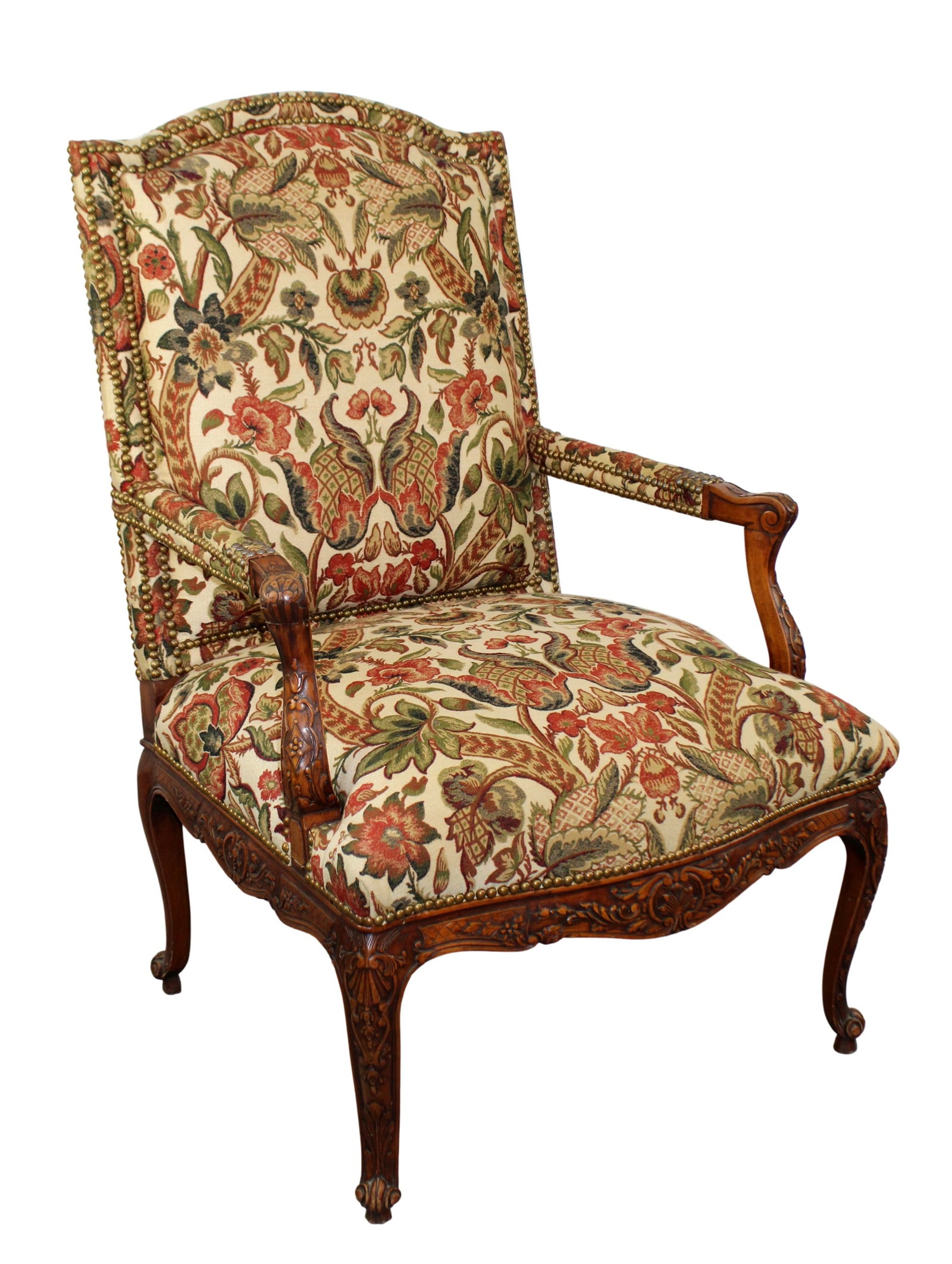 French Louis XV style relief carved walnut fauteuil armchair: French Louis XV style relief carved walnut fauteuil armchair. Mid 20th century. 42 3/8"h x 28"w x 24"d, seat height 20"