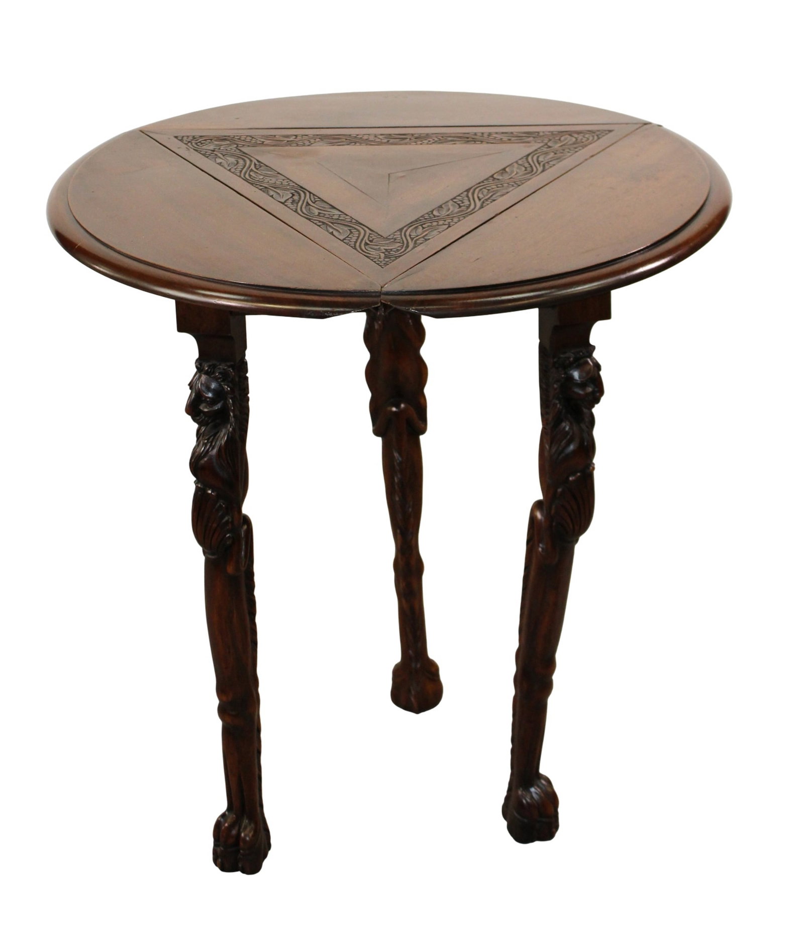 English relief carved drop side table with lion supports (1 of 9)