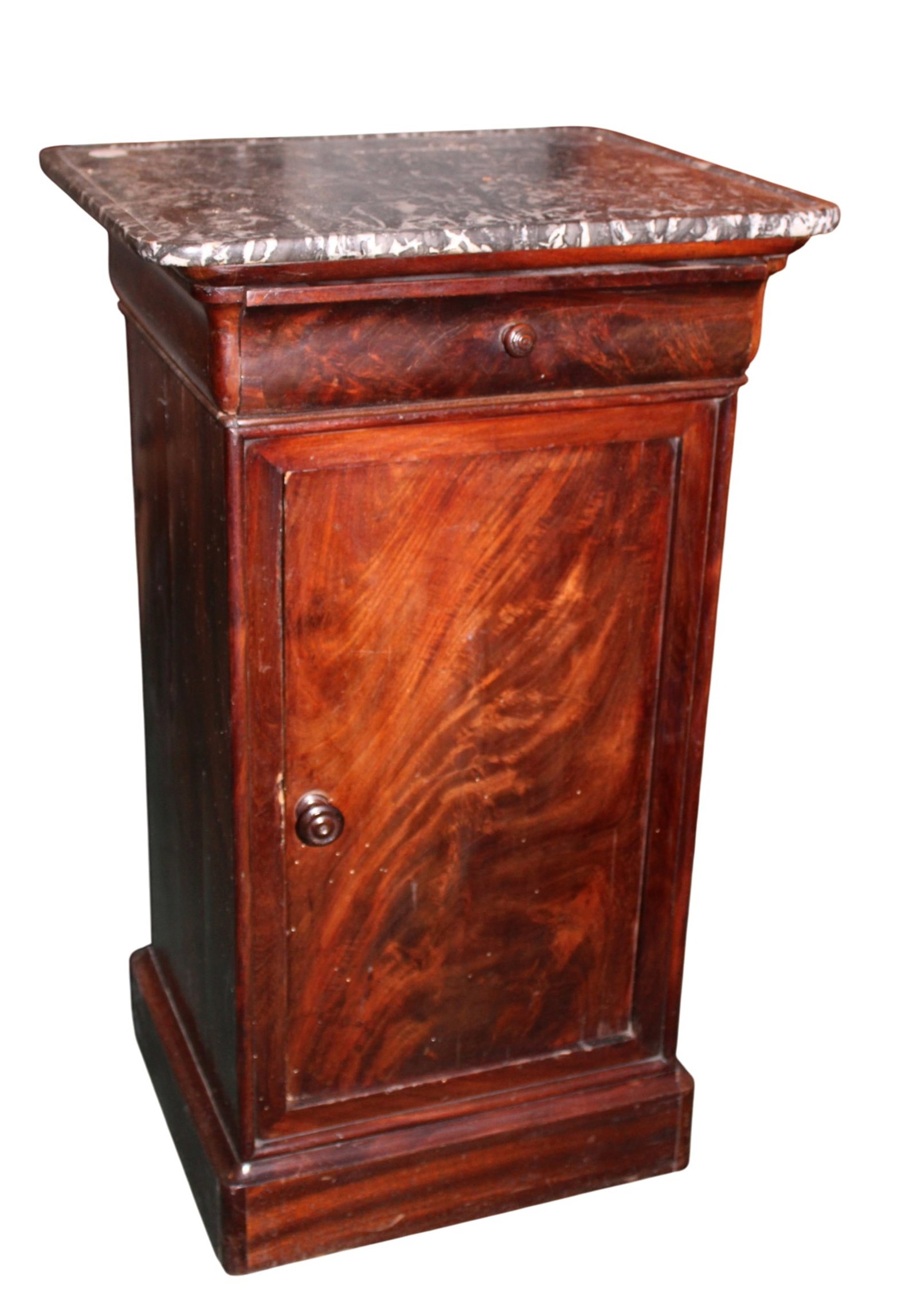 French Louis Philippe walnut chevet with marble top: French Louis Philippe walnut chevet with marble top. Late 19th century. 28 1/2"h x 17"w x 14 1/4"d