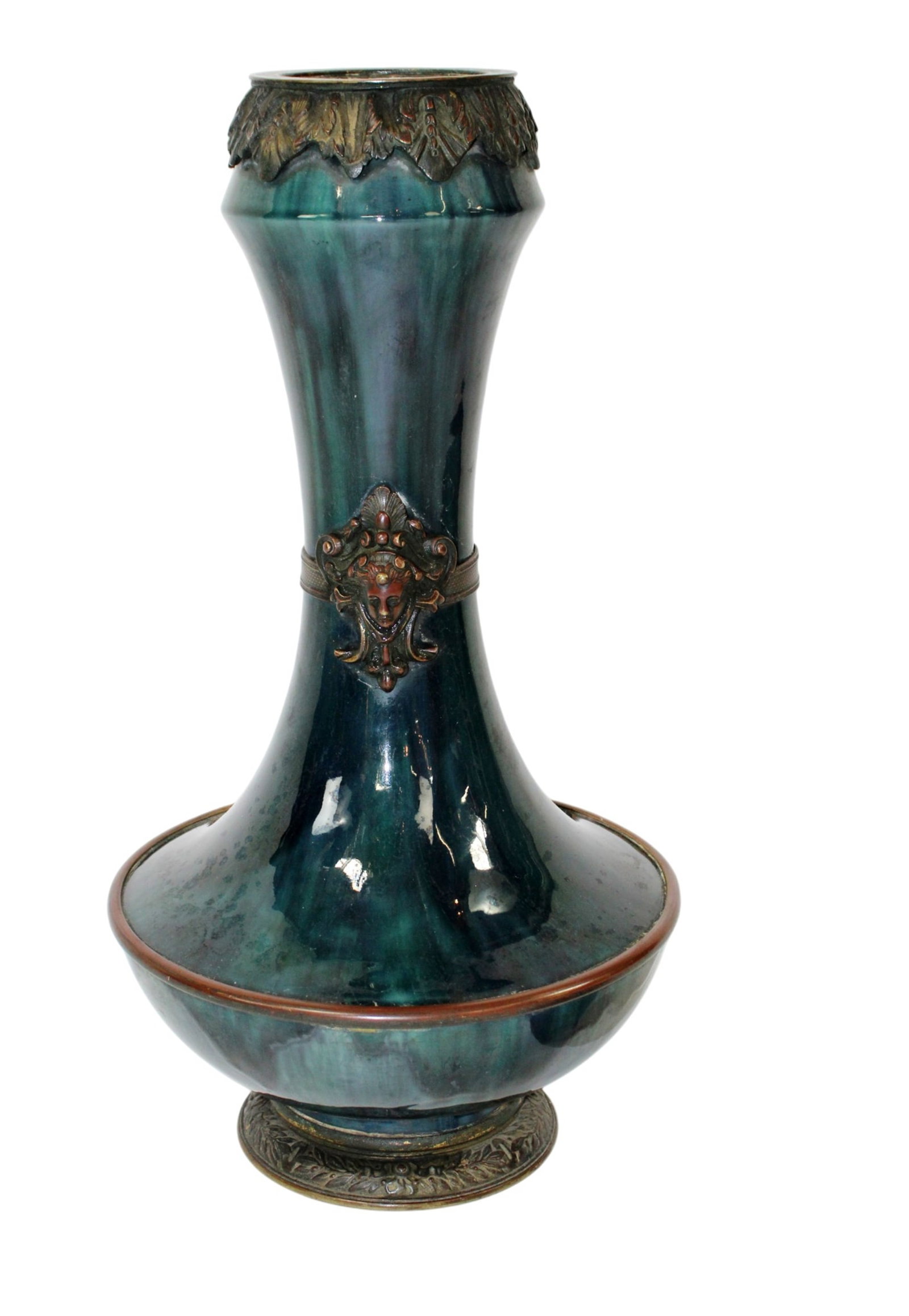 French glazed ceramic vase with figural mask in bronze (1 of 8)