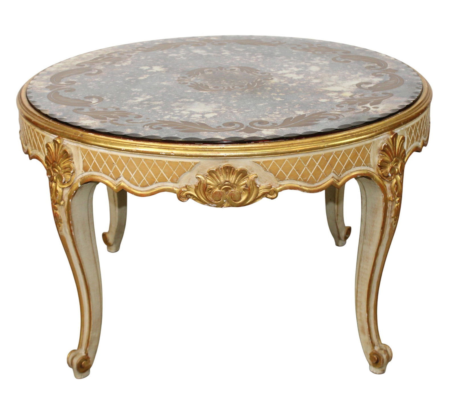 French Louis XV style painted and parcel gilt cocktail table with etched mirror top (1 of 8)