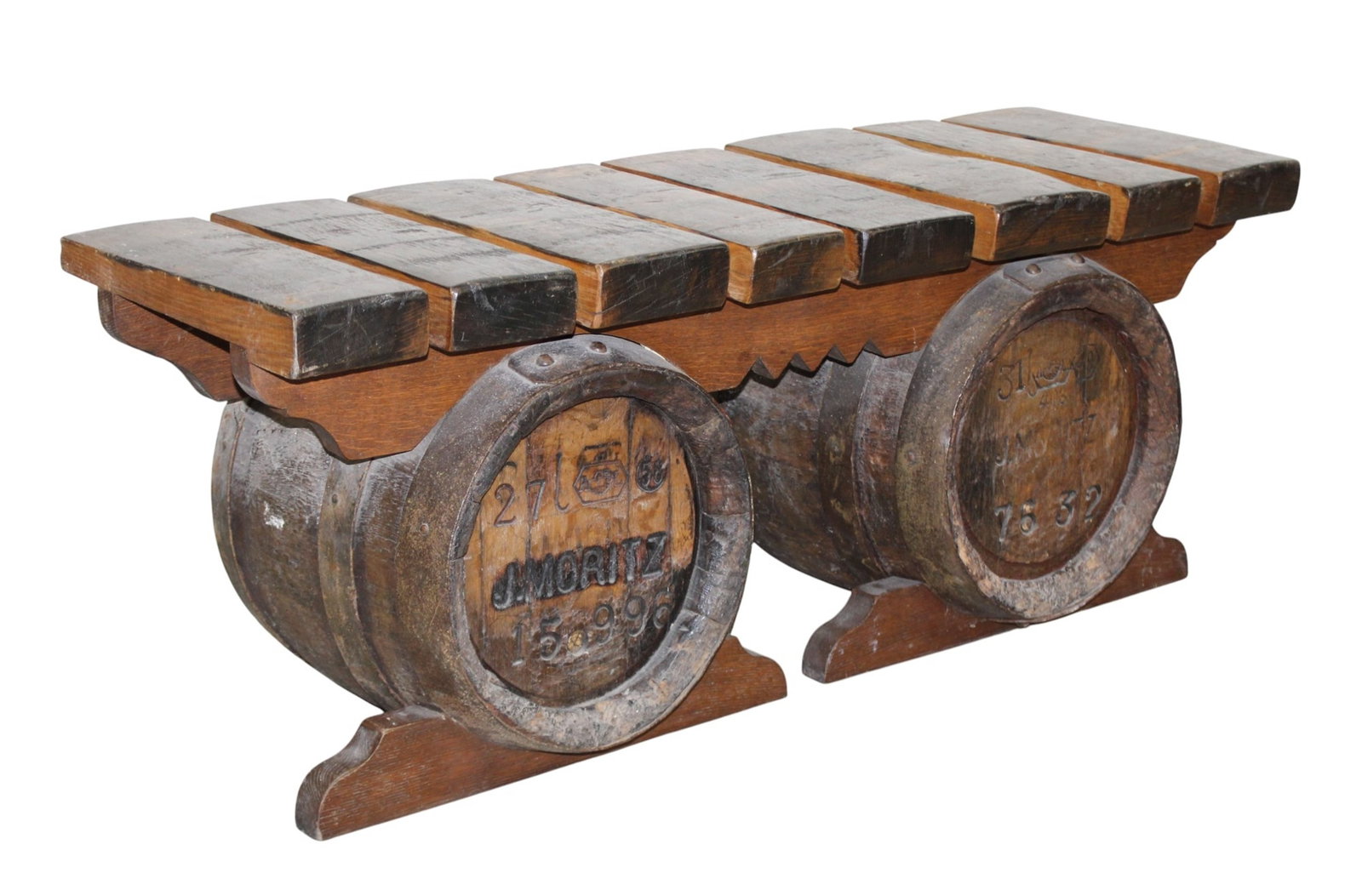 French brasserie bench with slatted oak seat on barrels (1 of 8)