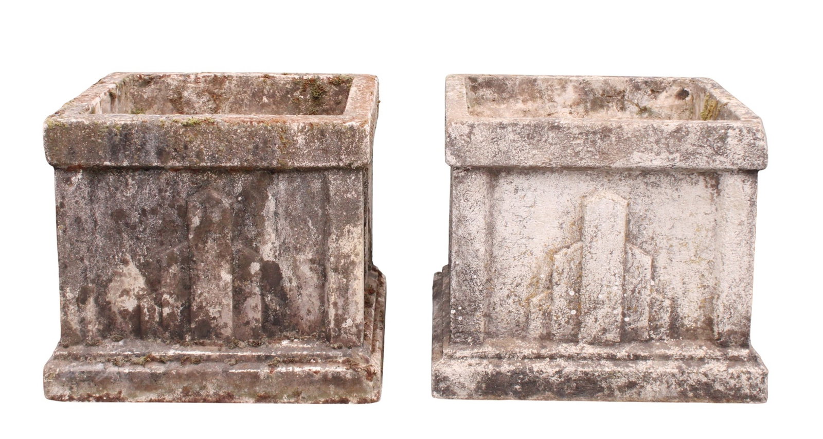 Pair of French Art Deco cut stone garden planters: Pair of French Art Deco cut stone garden planters. Mid 20th century. 13"h x 14" sq
