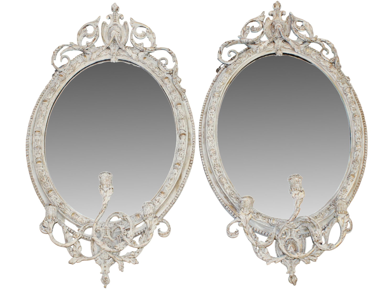 Pair of French Louis XVI style oval mirrors with attached 3 candle sconces (1 of 15)
