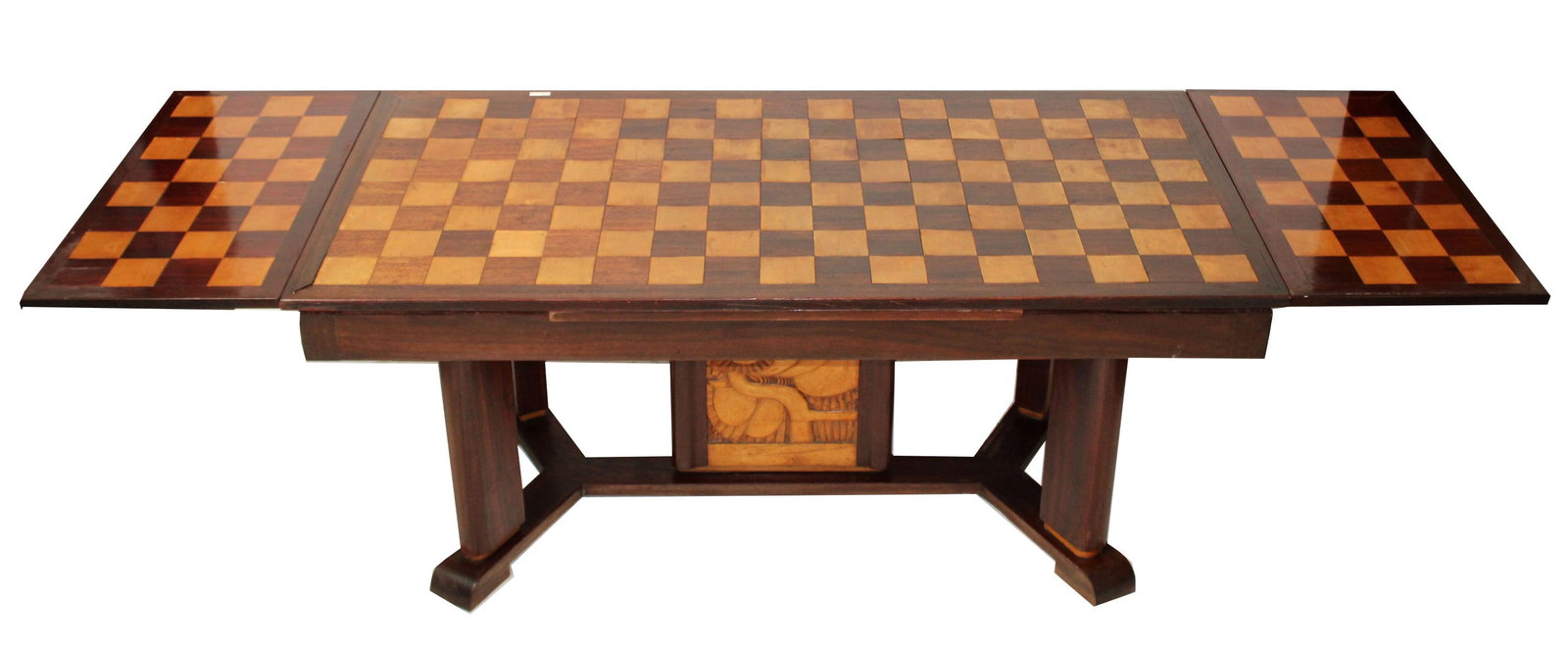 French checkerboard top table with draw leaves and relief carved bird panel (1 of 9)