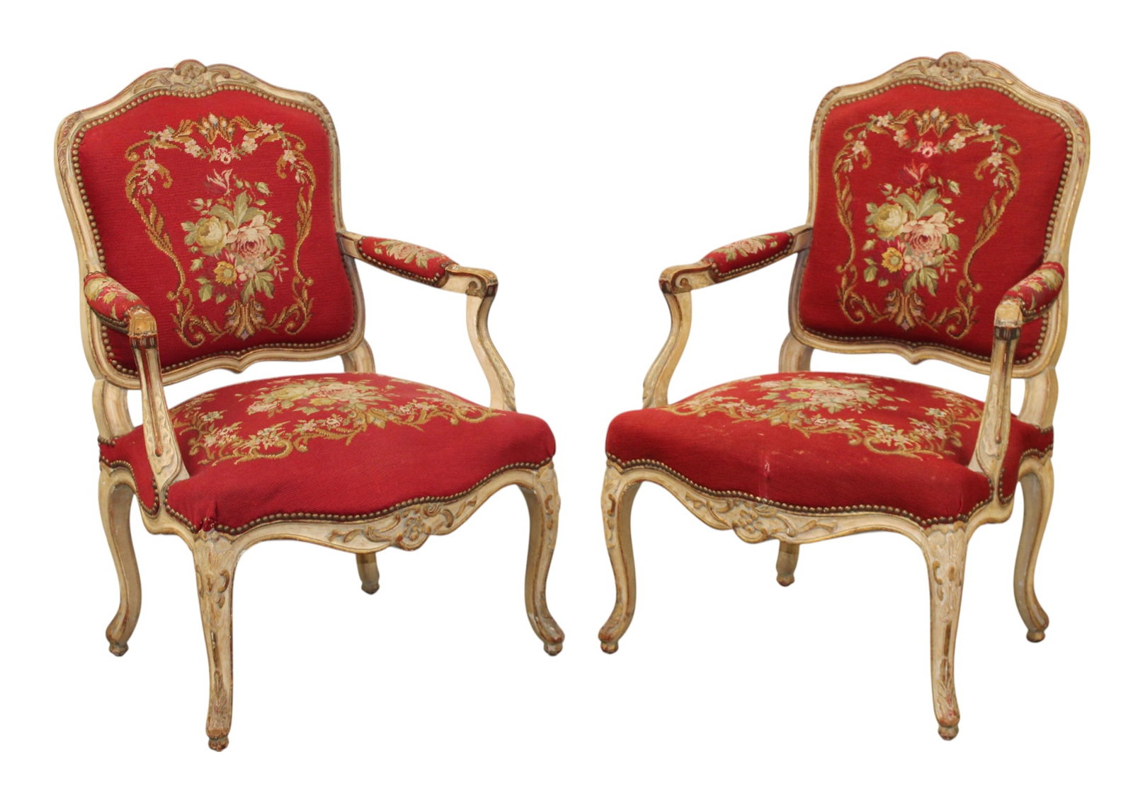 Pair of French Louis XV style painted arm chairs with floral needlepoint upholstery: Pair of French Louis XV style painted arm chairs with floral needlepoint upholstery. Early 20th century. 36 3/4"h x 24 1/2"w x 20 1/2"d. Seat height: 17"h