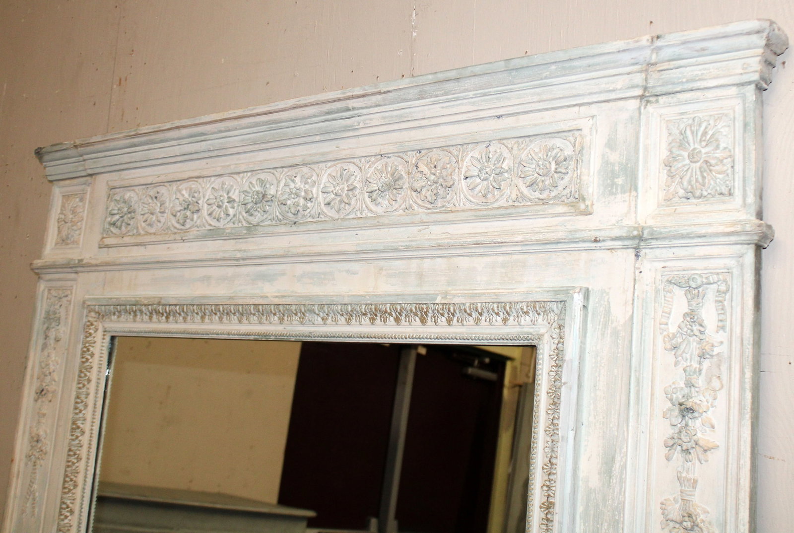 Grand scale French Louis XVI style trumeau mirror with painted finish - 9