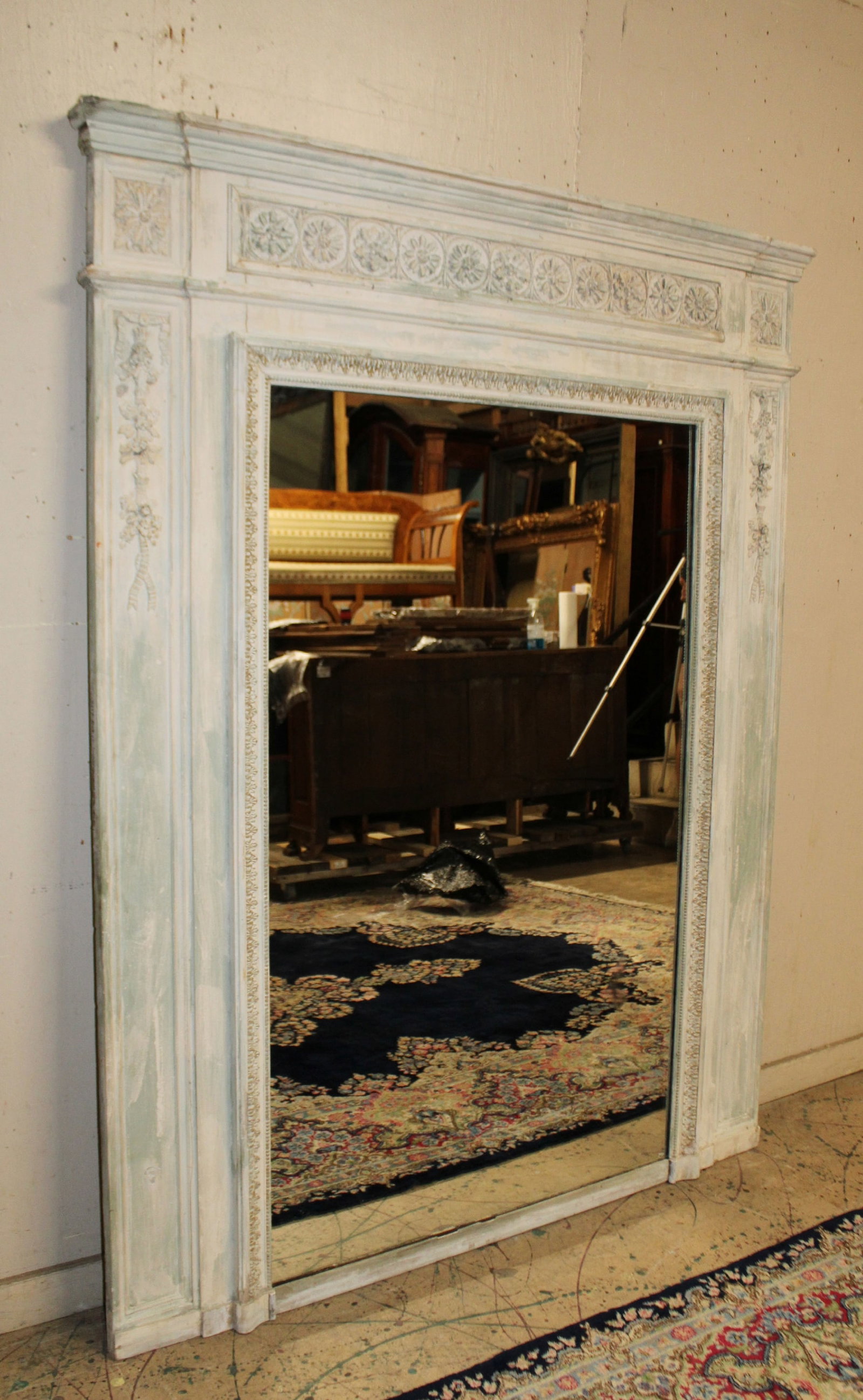 Grand scale French Louis XVI style trumeau mirror with painted finish - 6
