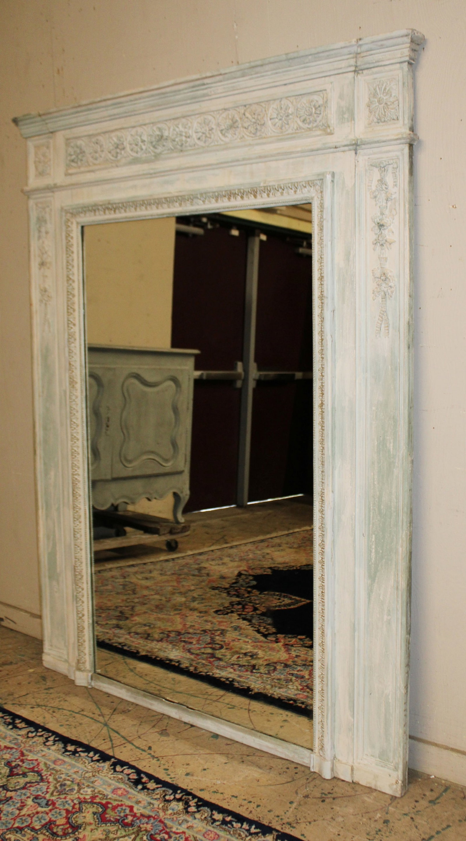 Grand scale French Louis XVI style trumeau mirror with painted finish - 7