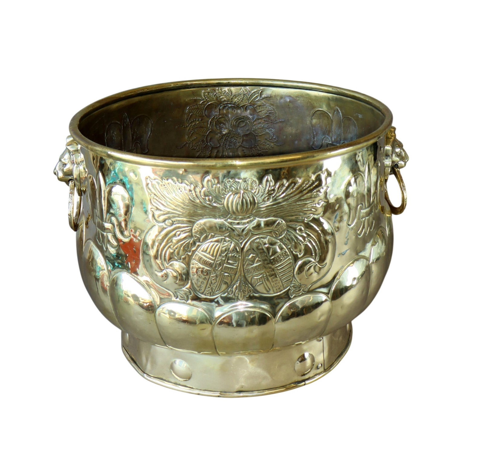 French embossed brass cache pot with lion masks and coat of arms. (1 of 8)