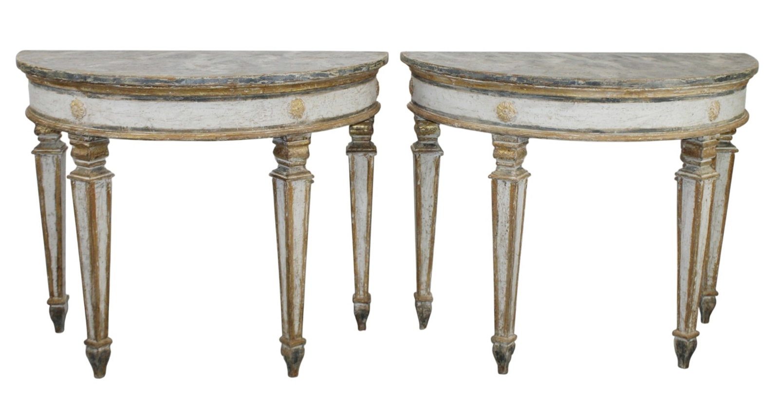 Pair of Italian demi lune console tables with tapered legs and gilt detail (1 of 9)