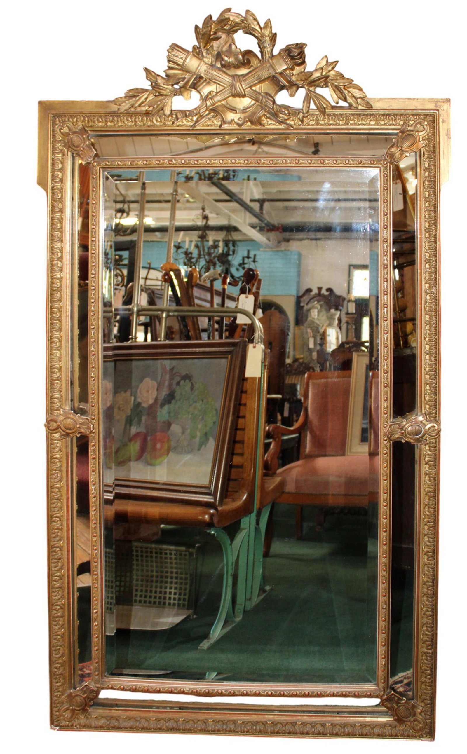 French Louis XVI gold leaf mirror with torch and quiver crest (1 of 8)
