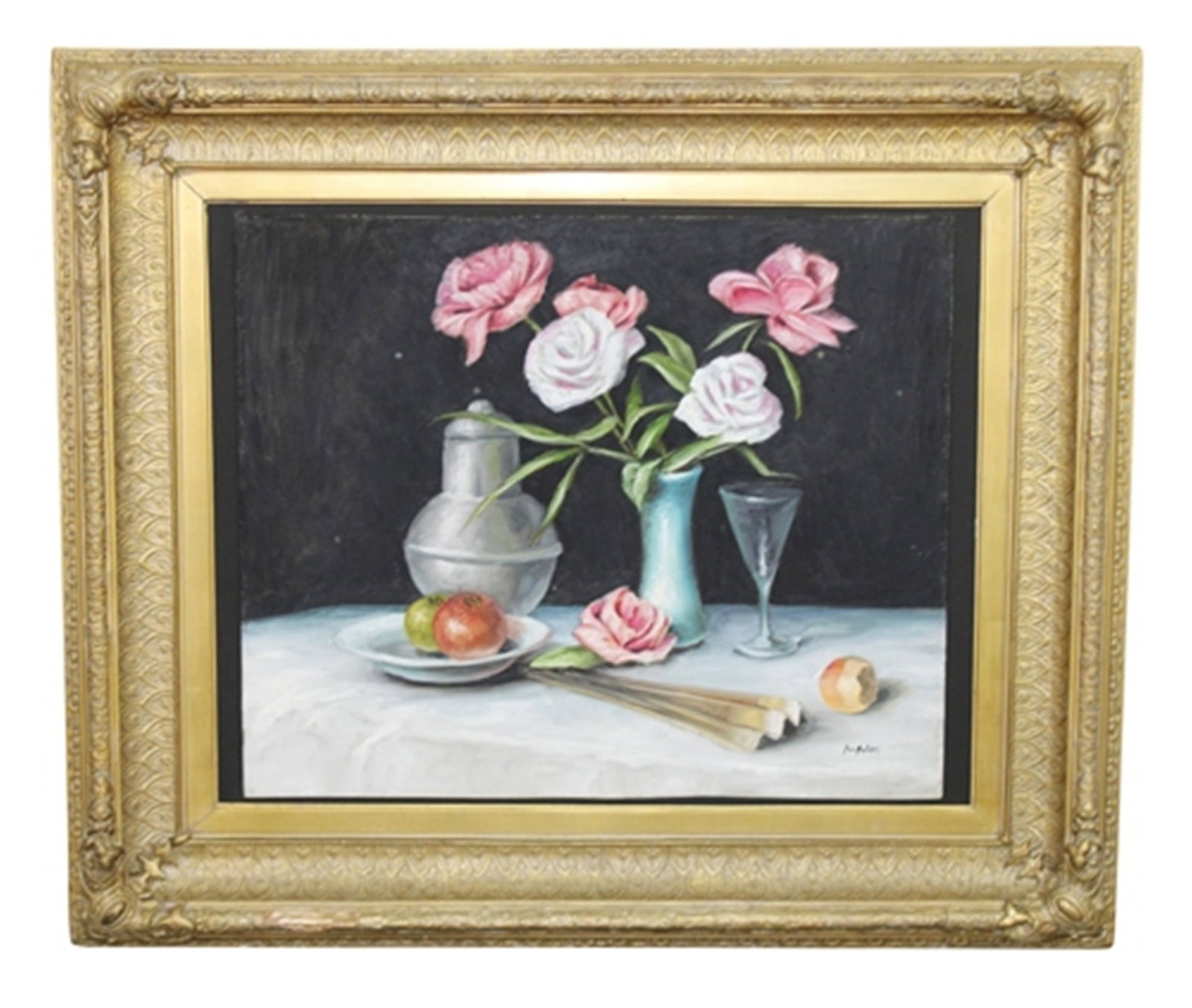 Oil on canvas painting still life with roses in vase (1 of 7)