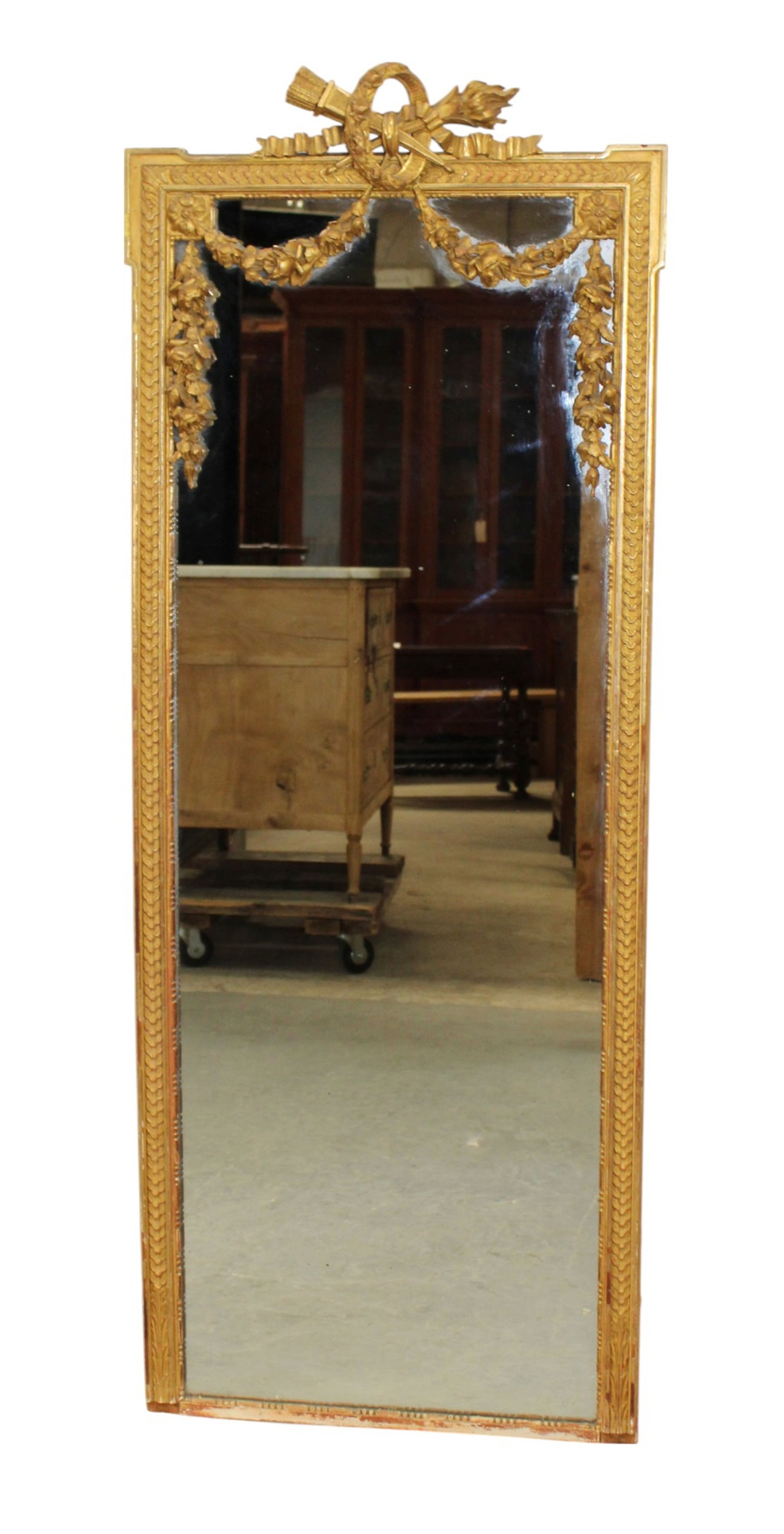 French Louis XVI style giltwood mirror with torch and quiver (1 of 7)