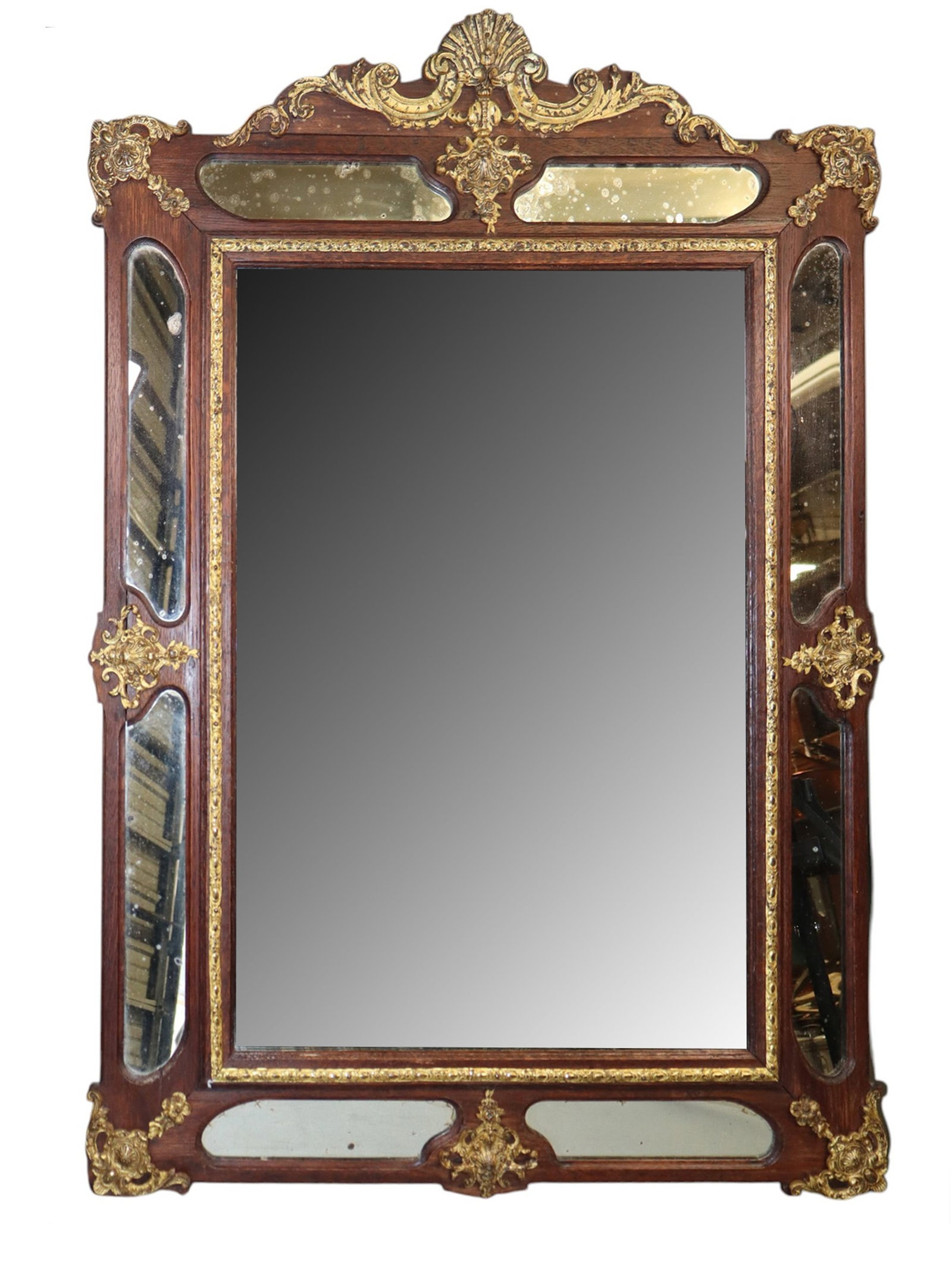 French parclose mirror in oak with rocaille shell crest (1 of 8)