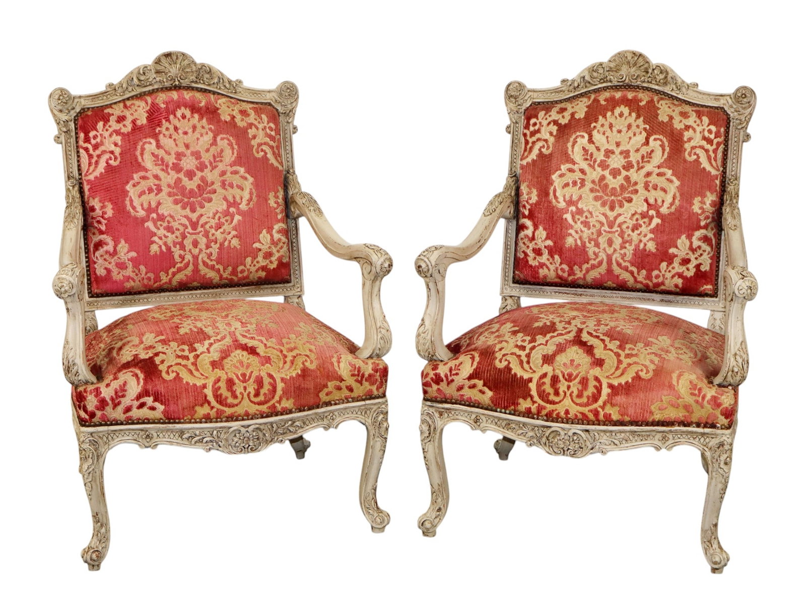 Pair of French Louis XV style carved and painted armchairs (1 of 9)