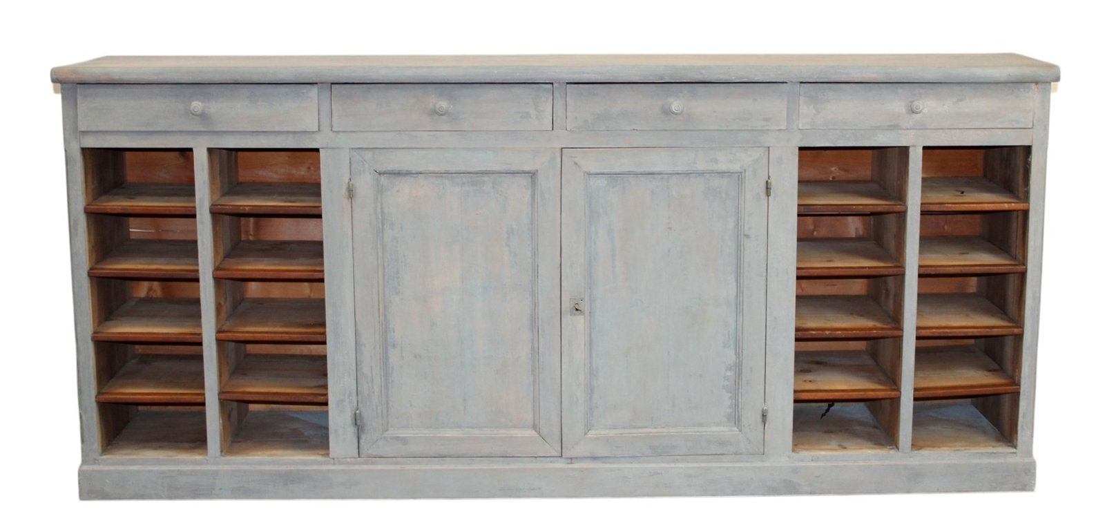 French Louis Philippe shop counter with cubbies.: French Louis Philippe shop counter with cubbies. In walnut with painted finish. 19th century. 41 3/8"h x 92 7/8"l x 19 5/8"d